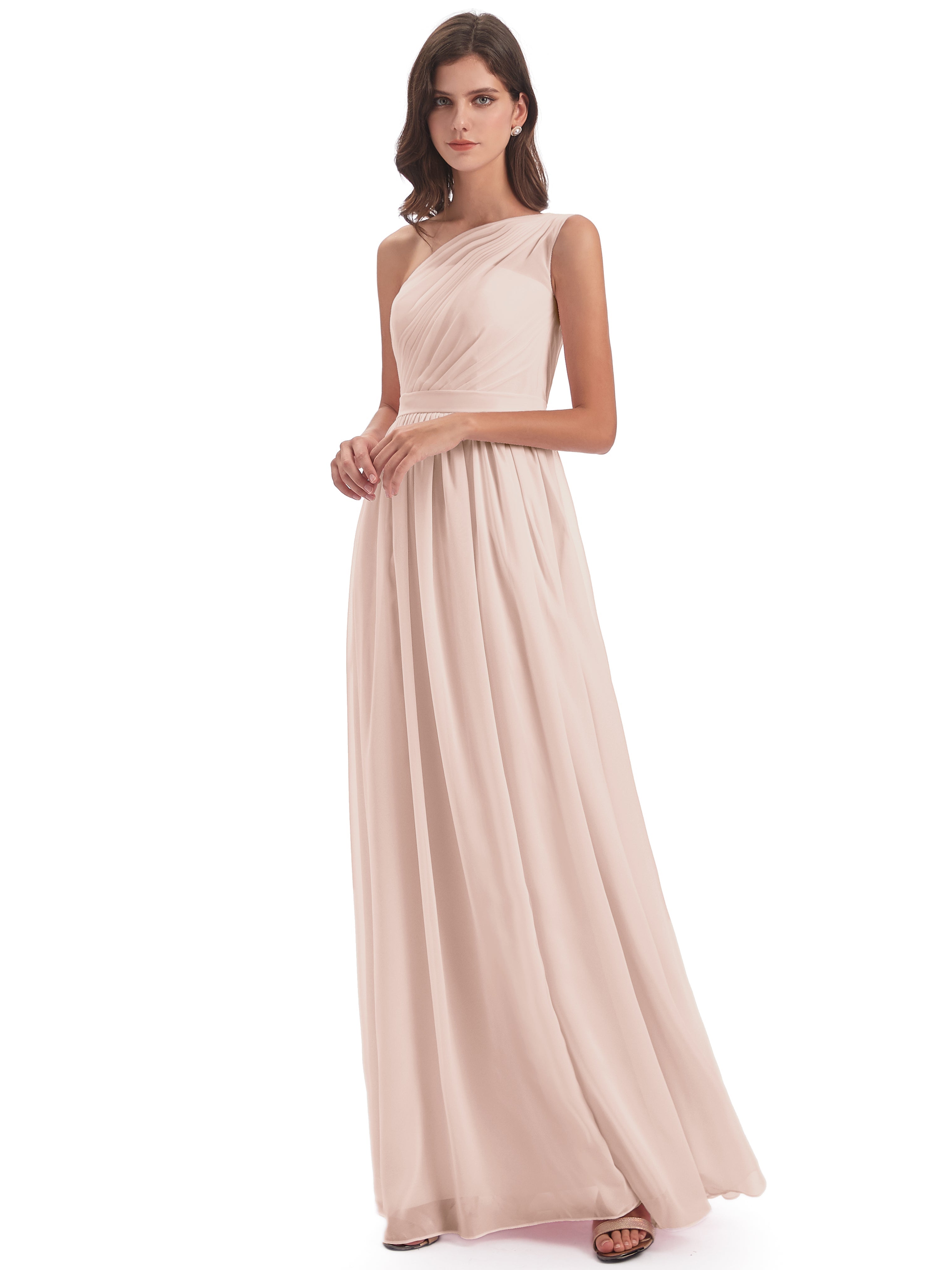 Robe Demoiselle D Honneur Rose Perle Trapèze Seule-Épaule Mousseline Robes Demoiselle D'Honneur
