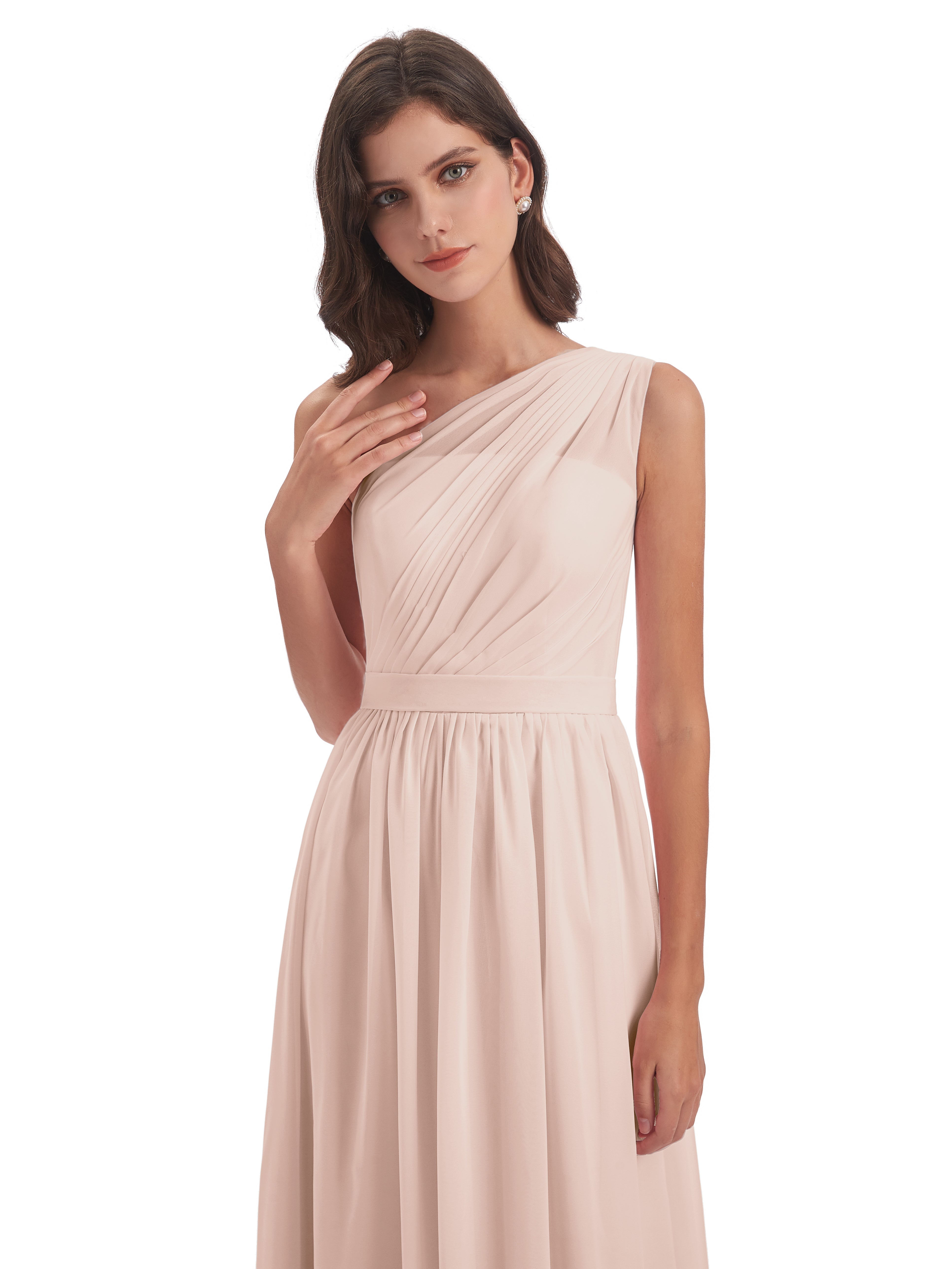 Robe Demoiselle D Honneur Rose Perle Trapèze Seule-Épaule Mousseline Robes Demoiselle D'Honneur