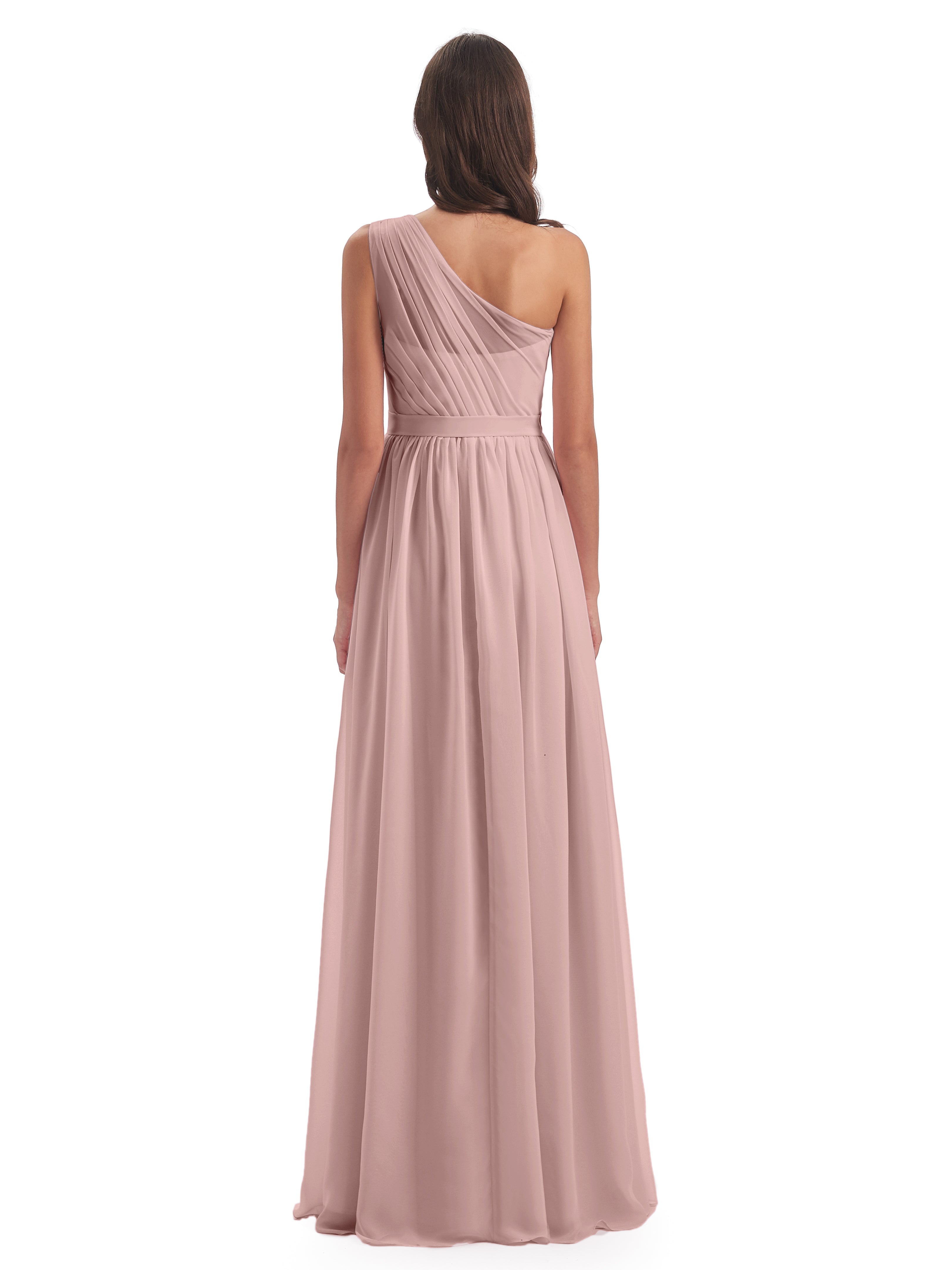 Robes De Demoiselle D'Honneur Couleur Rose Poudrée Trapèze Seule-Épaule Mousseline Robes Demoiselle D'Honneur