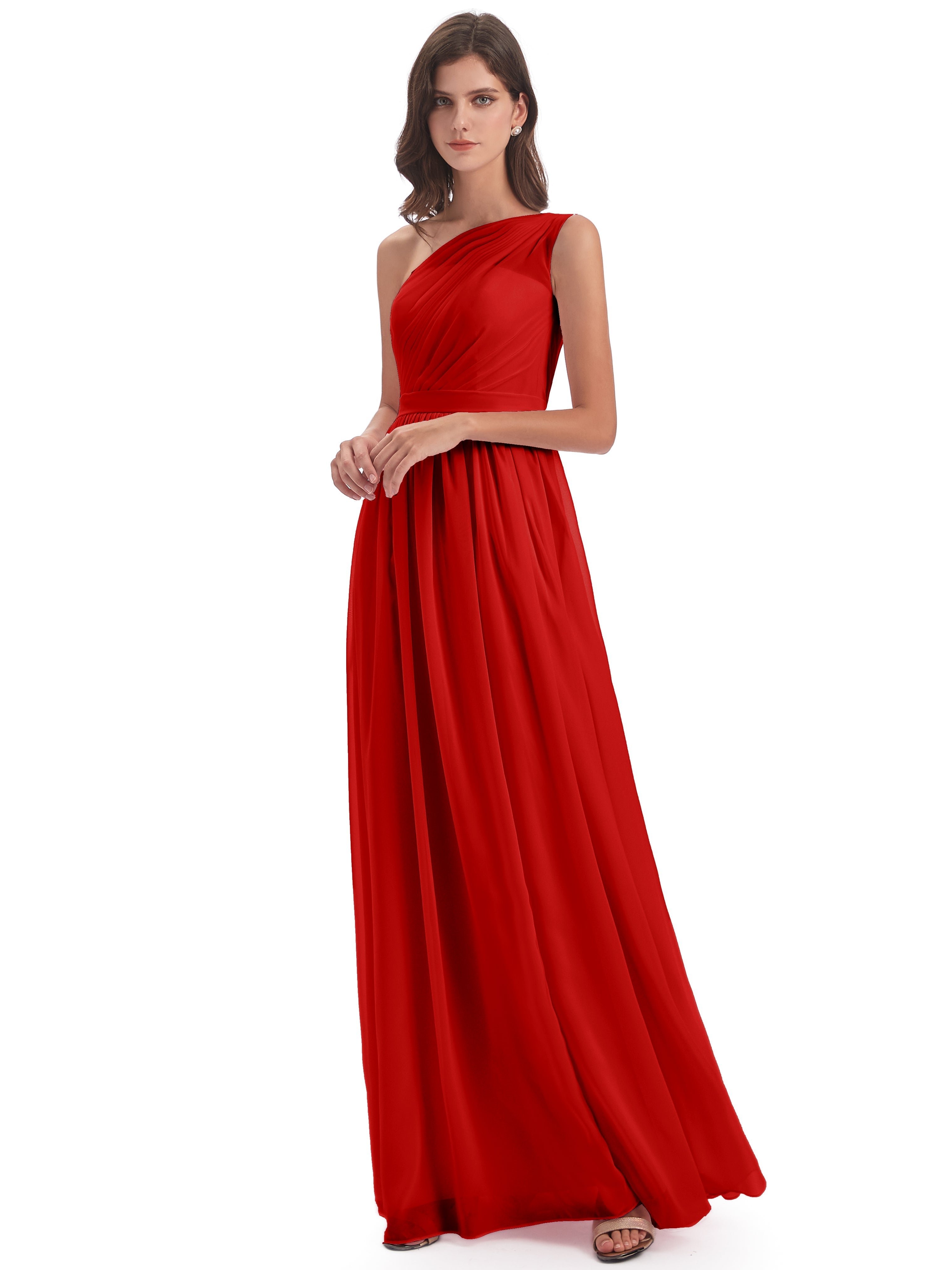 Robe Rouge Demoiselle D Honneur Trapèze Seule-Épaule Mousseline Robes Demoiselle D'Honneur