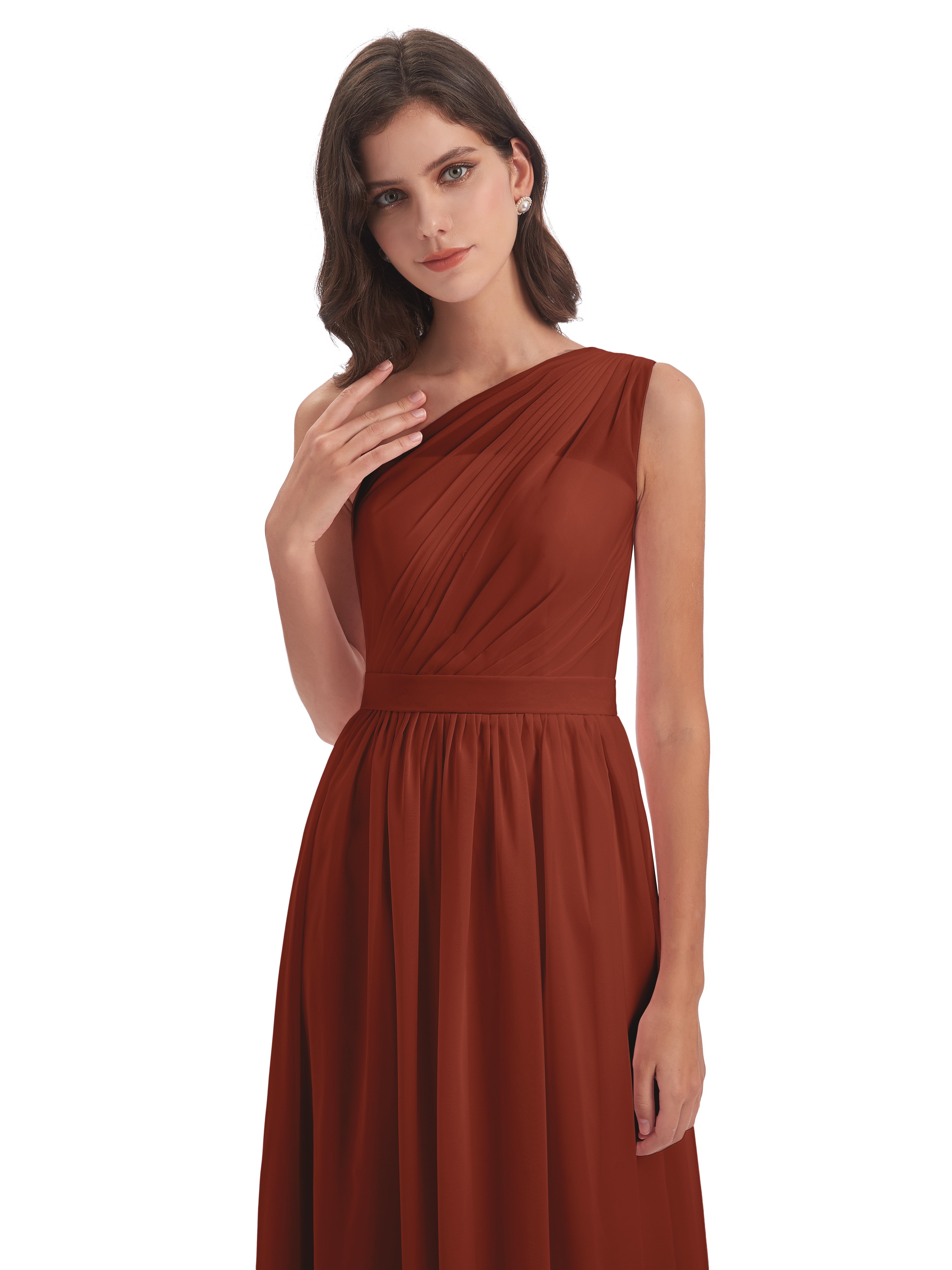 Robes De Demoiselle D'Honneur Couleur Rouille Trapèze Seule-Épaule Mousseline Robes Demoiselle D'Honneur