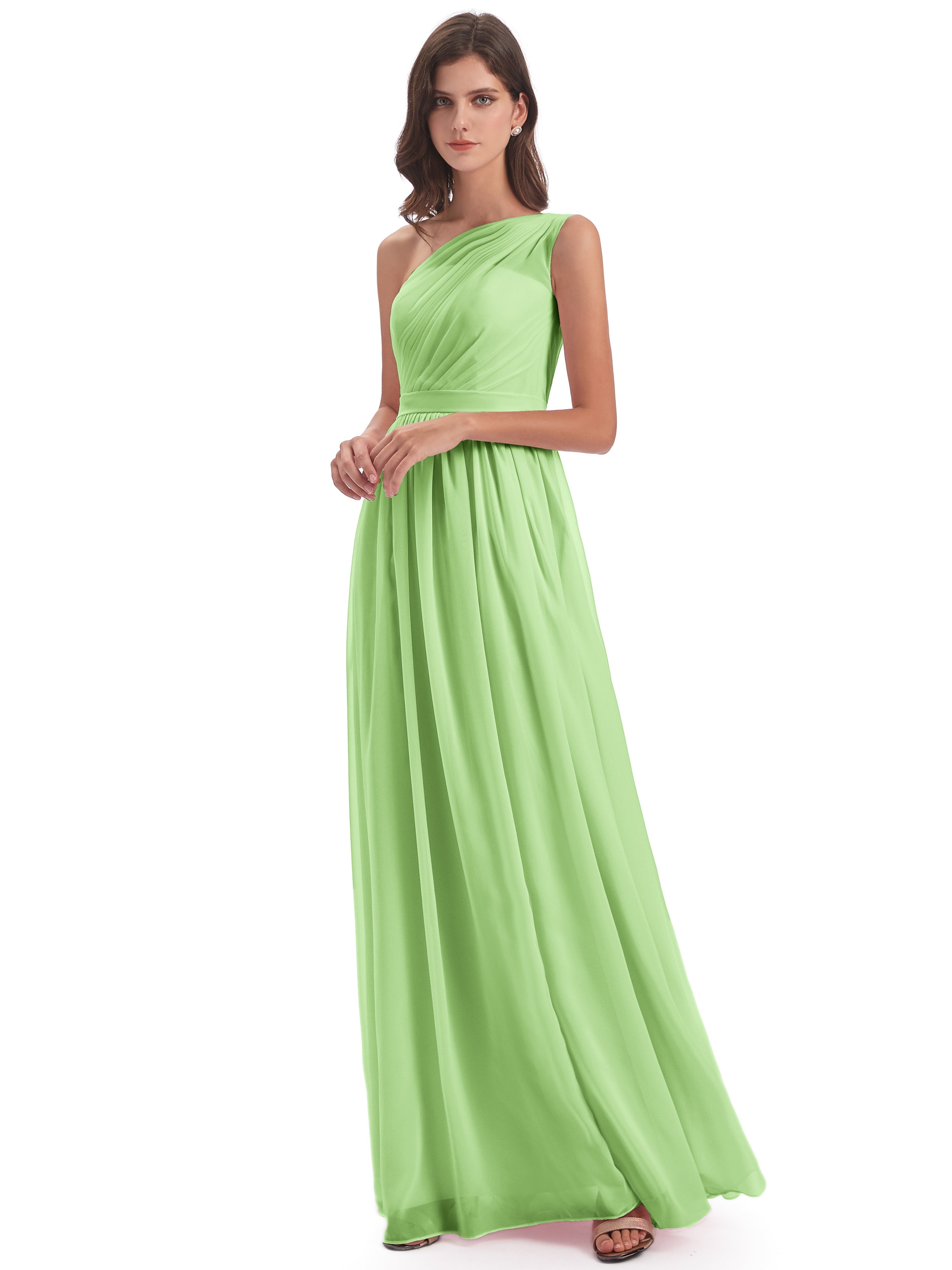 Demoiselle D'Honneur Vert Sauge Trapèze Seule-Épaule Mousseline Robes Demoiselle D'Honneur