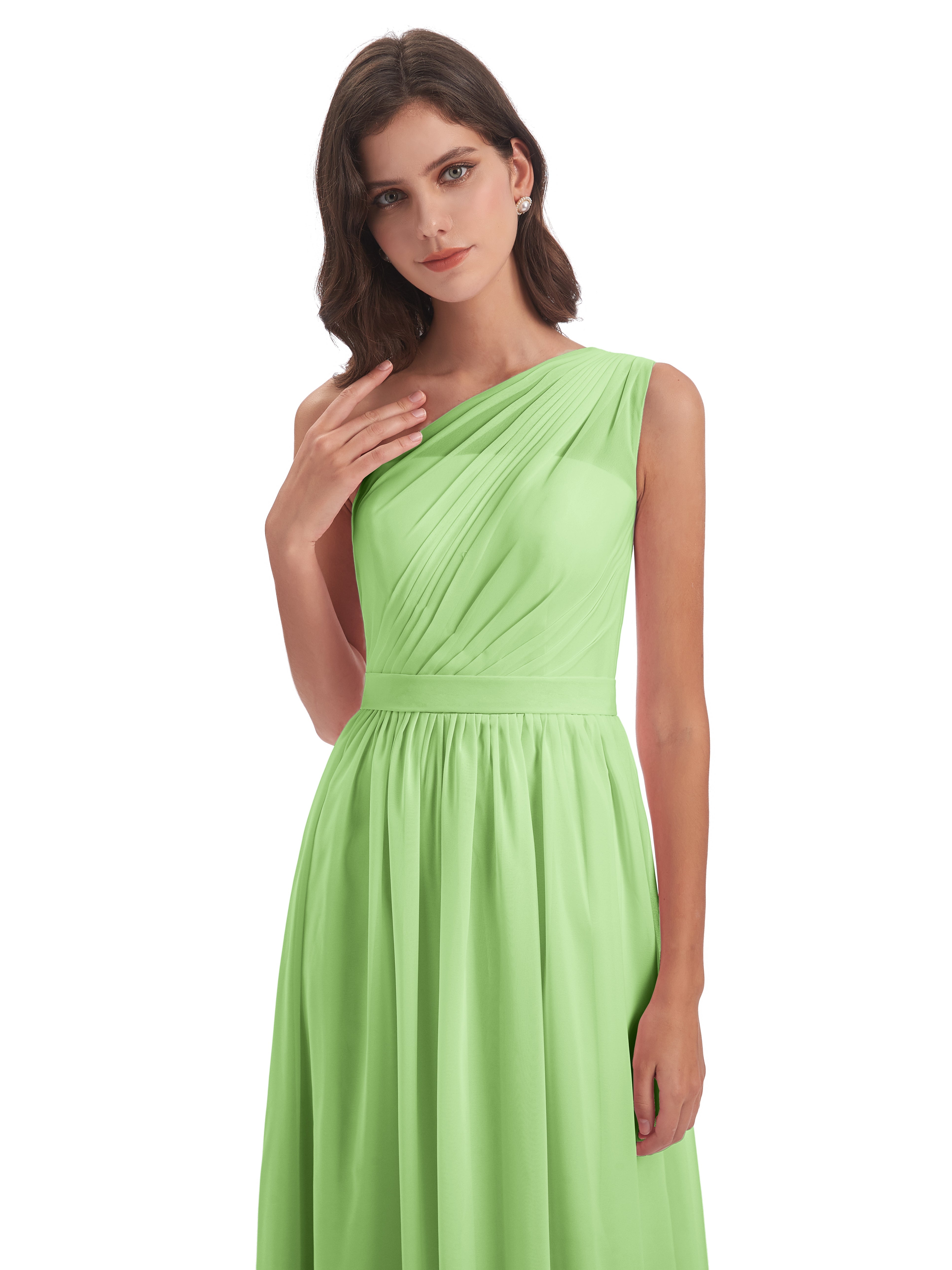 Demoiselle D'Honneur Vert Sauge Trapèze Seule-Épaule Mousseline Robes Demoiselle D'Honneur