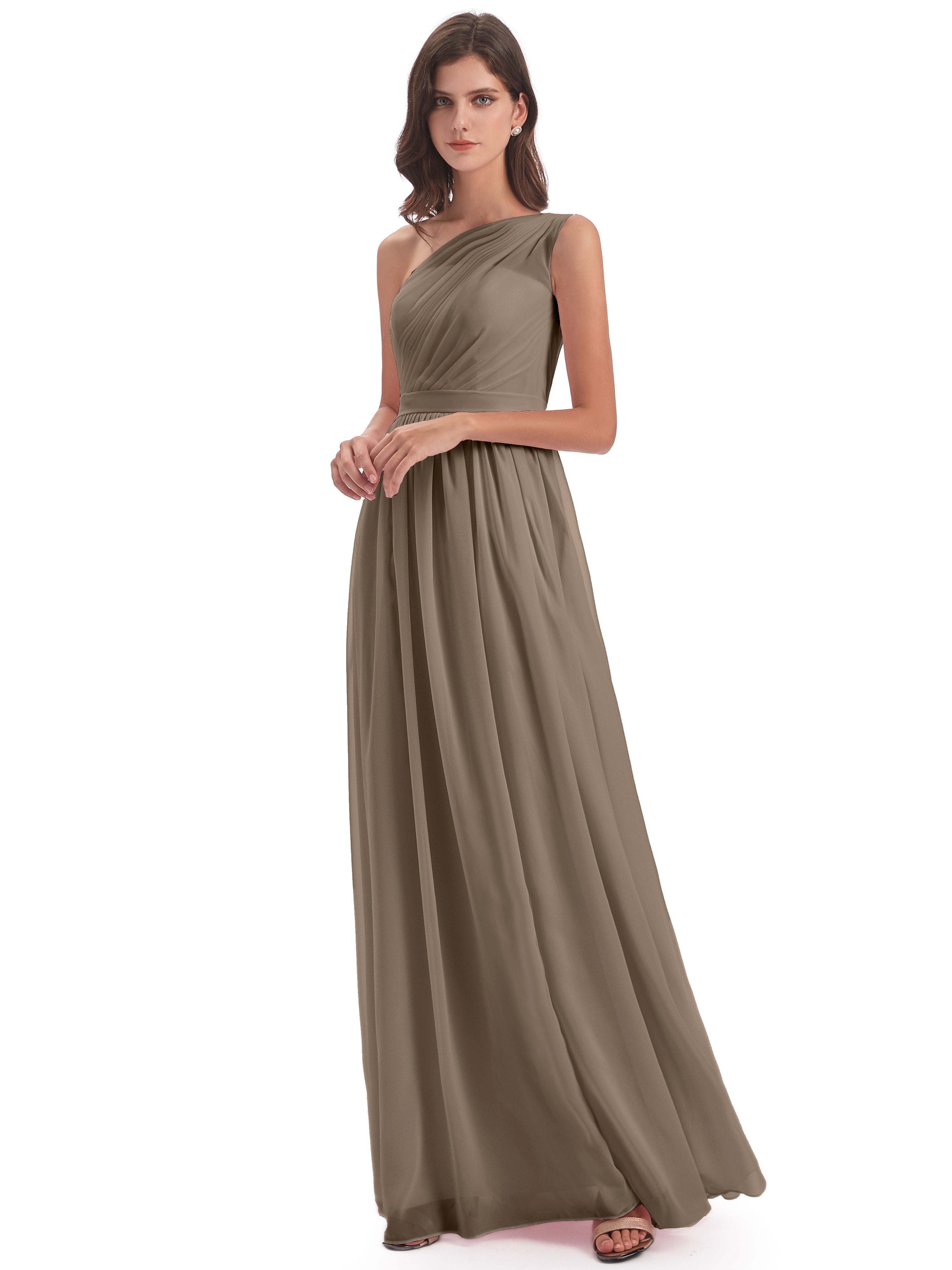 Couleur Taupe Robe Trapèze Seule-Épaule Mousseline Robes Demoiselle D'Honneur