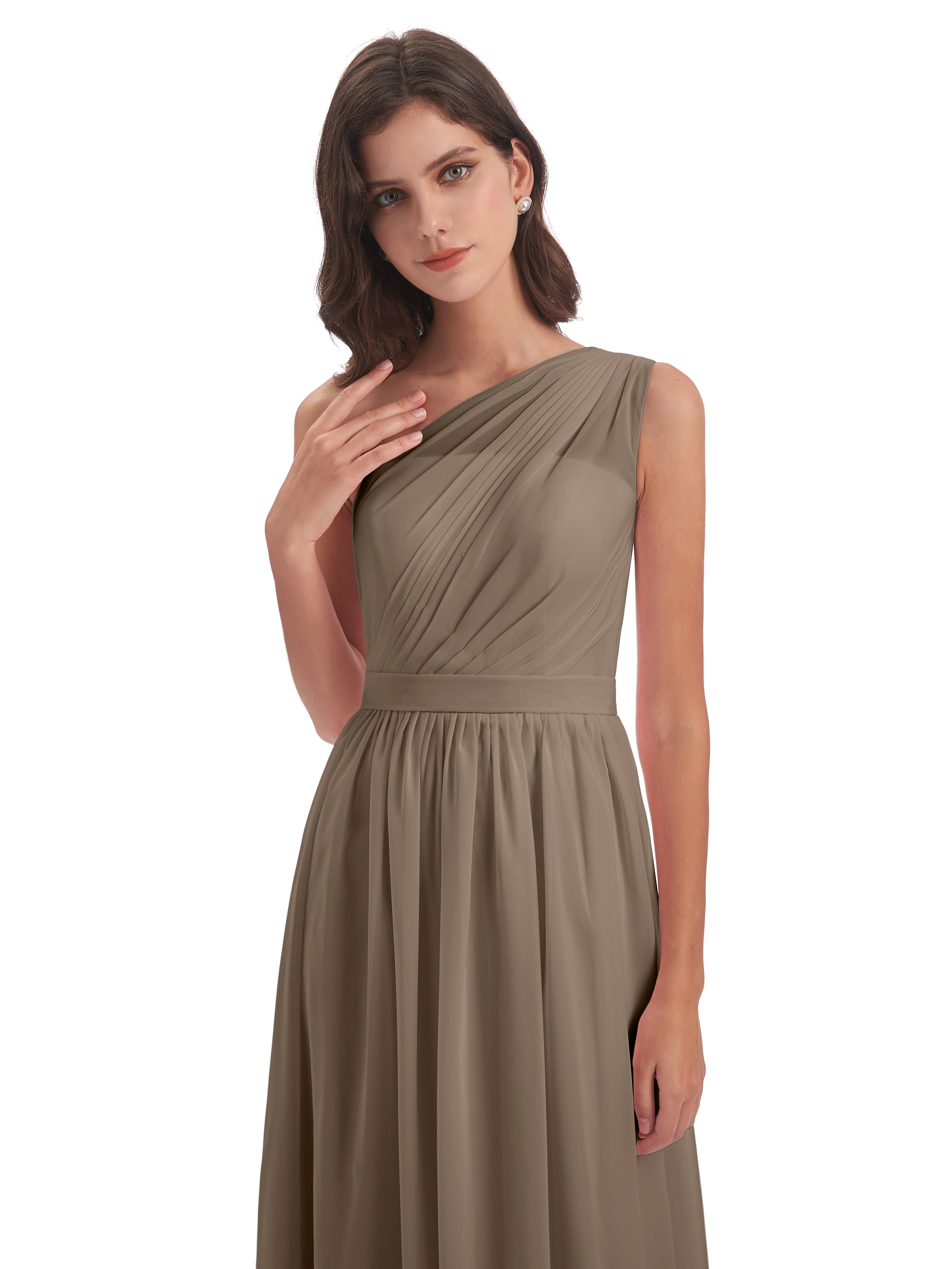 Couleur Taupe Robe Trapèze Seule-Épaule Mousseline Robes Demoiselle D'Honneur