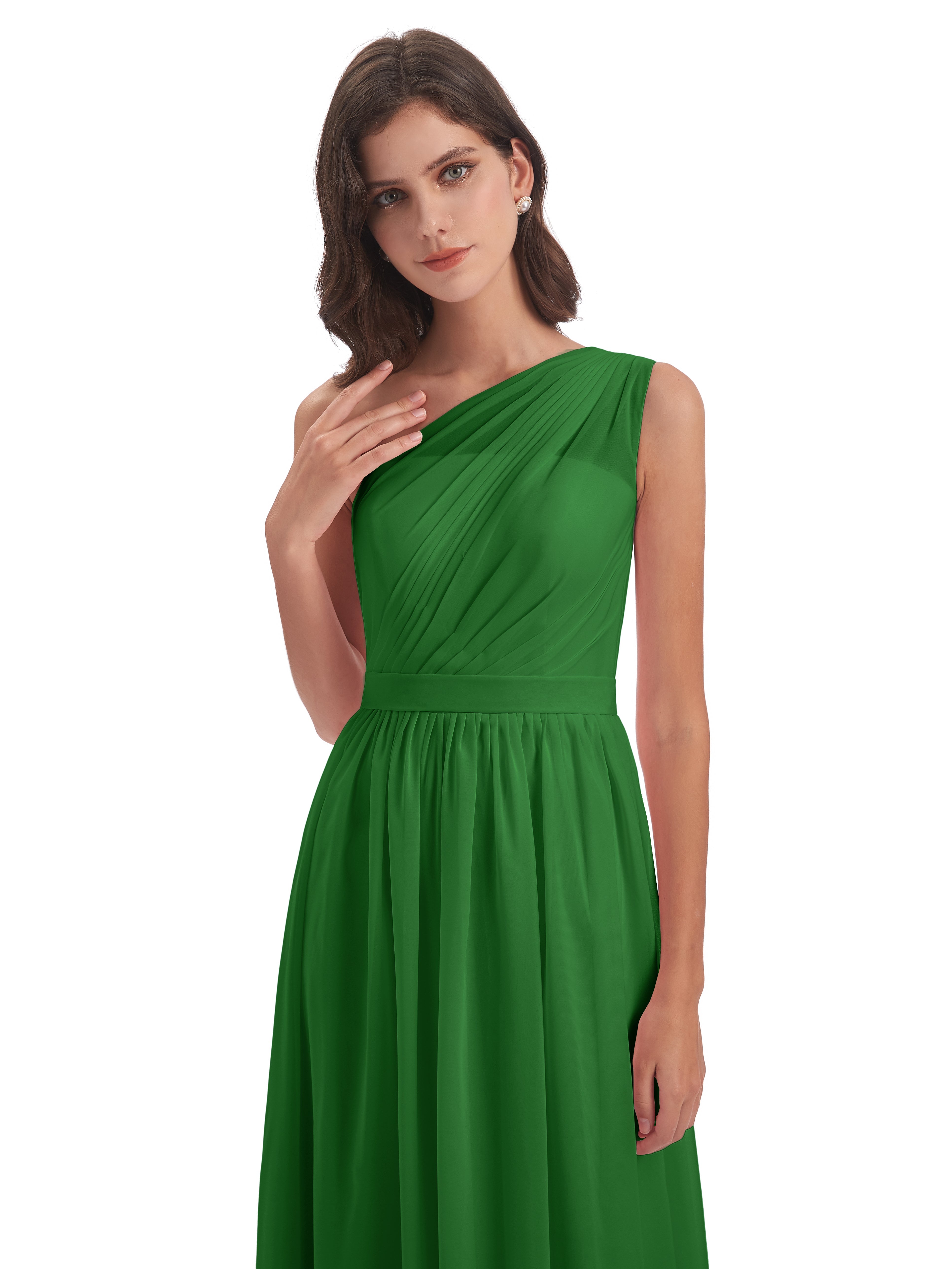 Robes De Demoiselle D'Honneur Vertes Trapèze Seule-Épaule Mousseline Robes Demoiselle D'Honneur