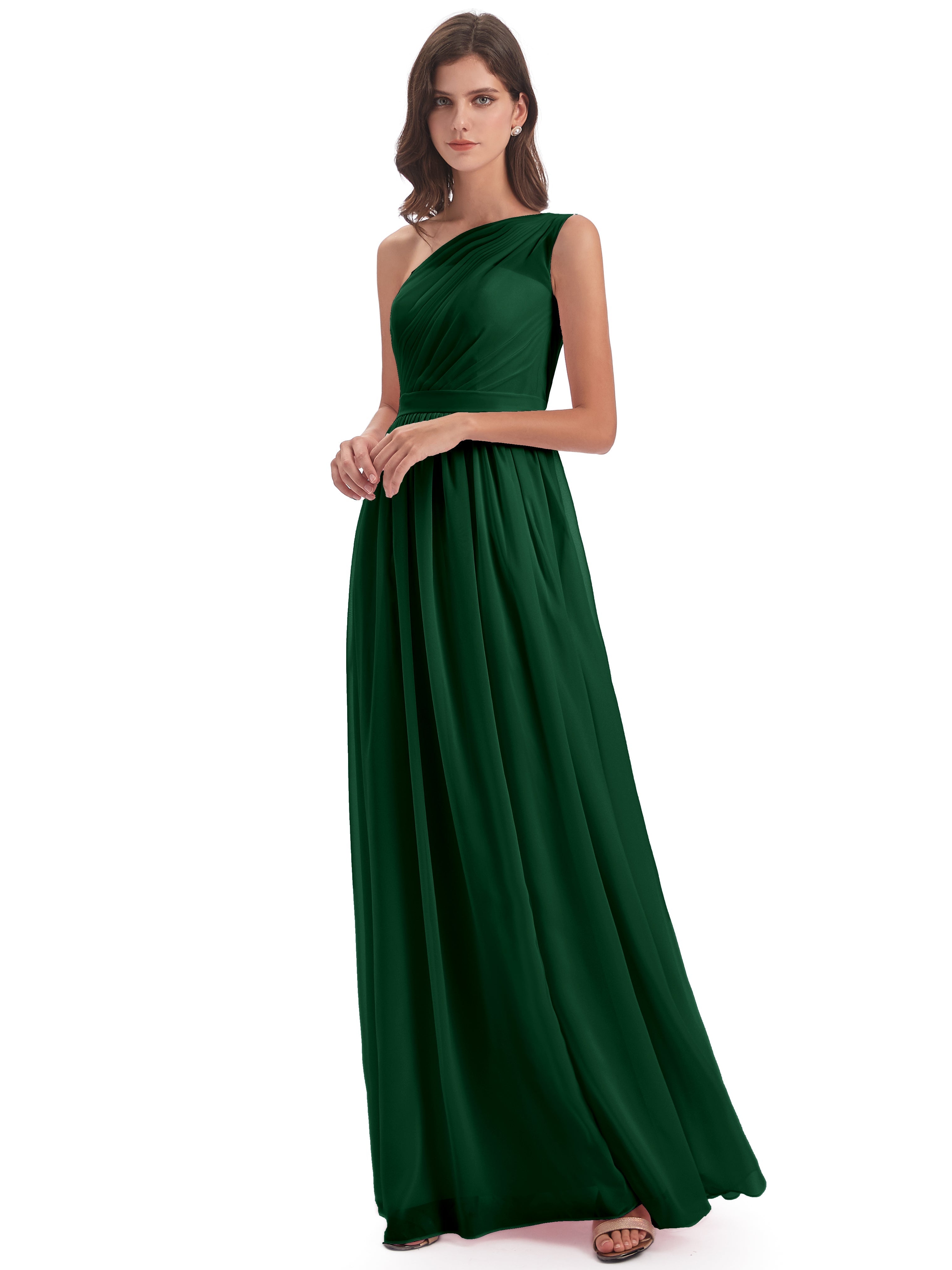 Robes De Demoiselle D'Honneur Vert Foncé A-ligne Seule-Épaule Mousseline Robes Demoiselle D'Honneur