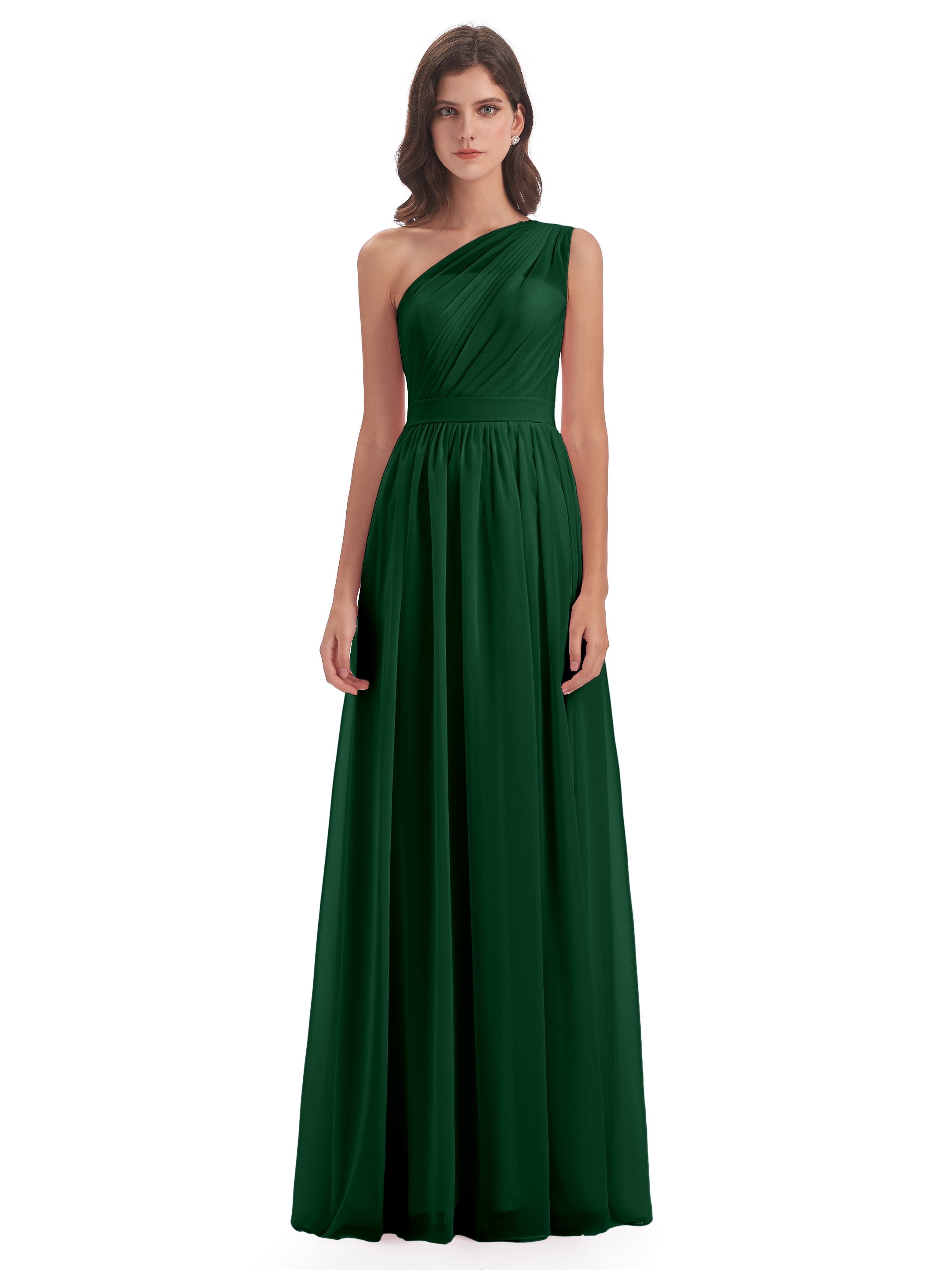 Robes De Demoiselle D'Honneur Vert Foncé A-ligne Seule-Épaule Mousseline Robes Demoiselle D'Honneur