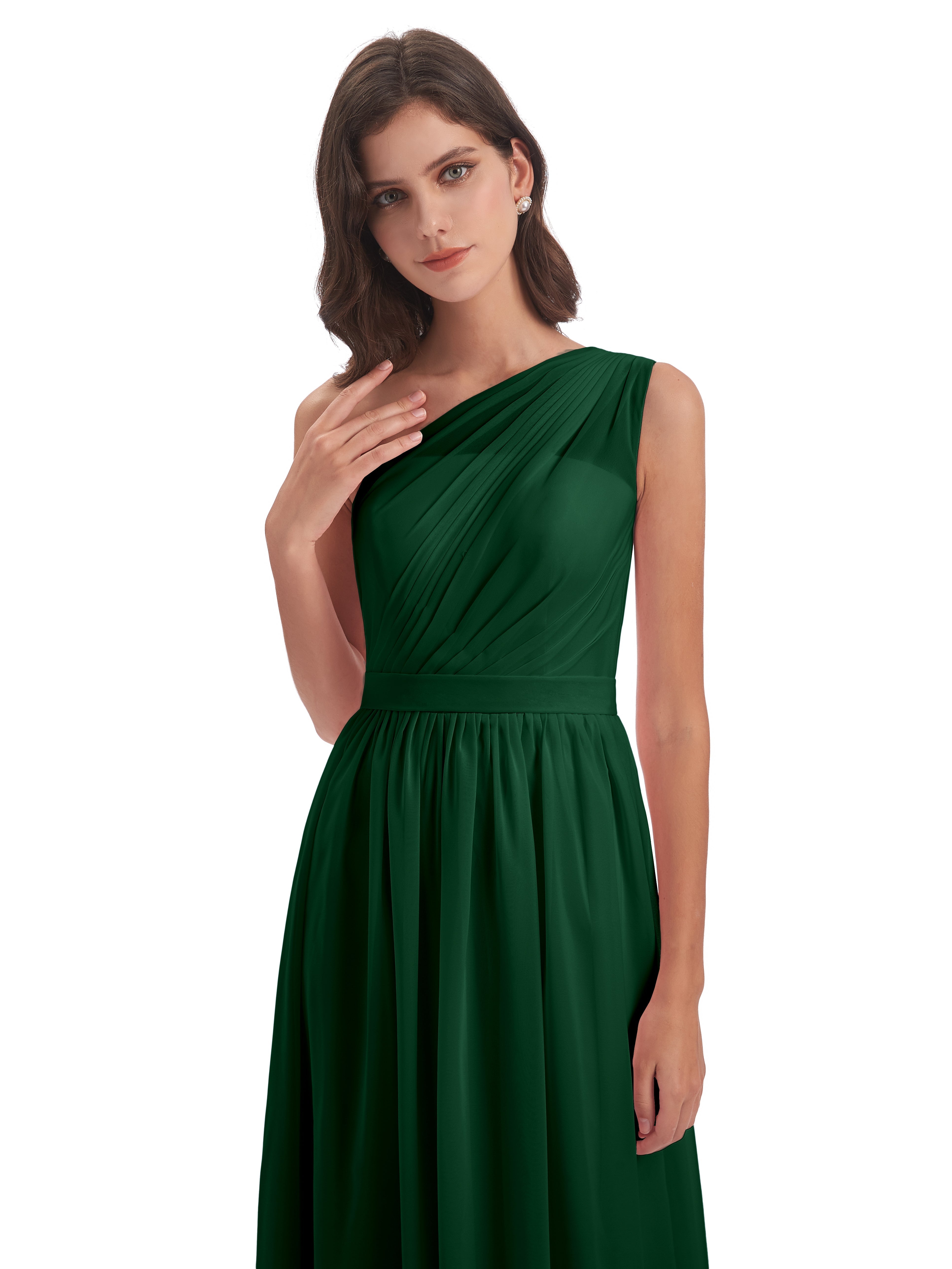 Robes De Demoiselle D'Honneur Vert Foncé A-ligne Seule-Épaule Mousseline Robes Demoiselle D'Honneur