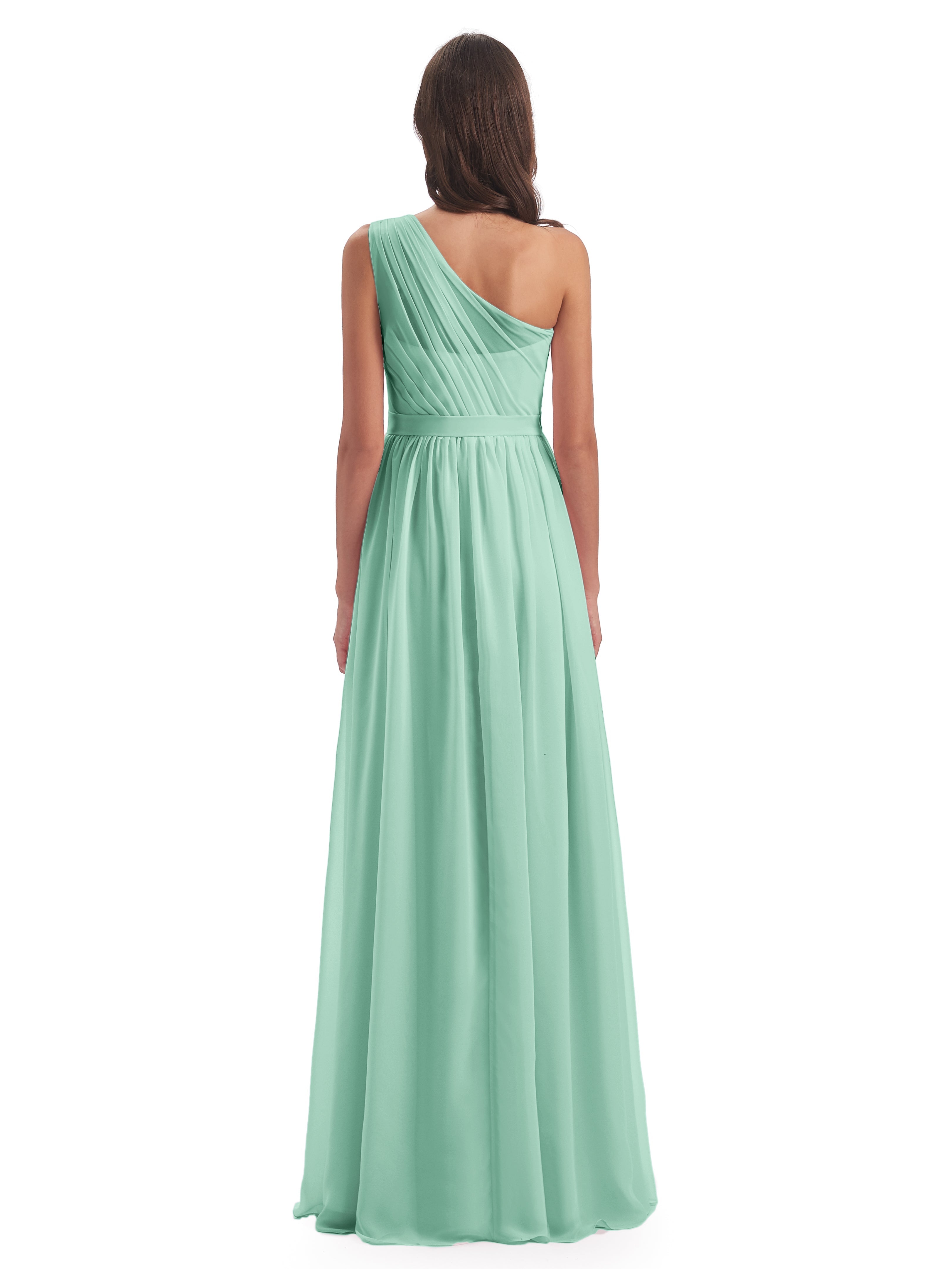 Robe Demoiselle D Honneur Vert Menthe Trapèze Seule-Épaule Mousseline Robes Demoiselle D'Honneur