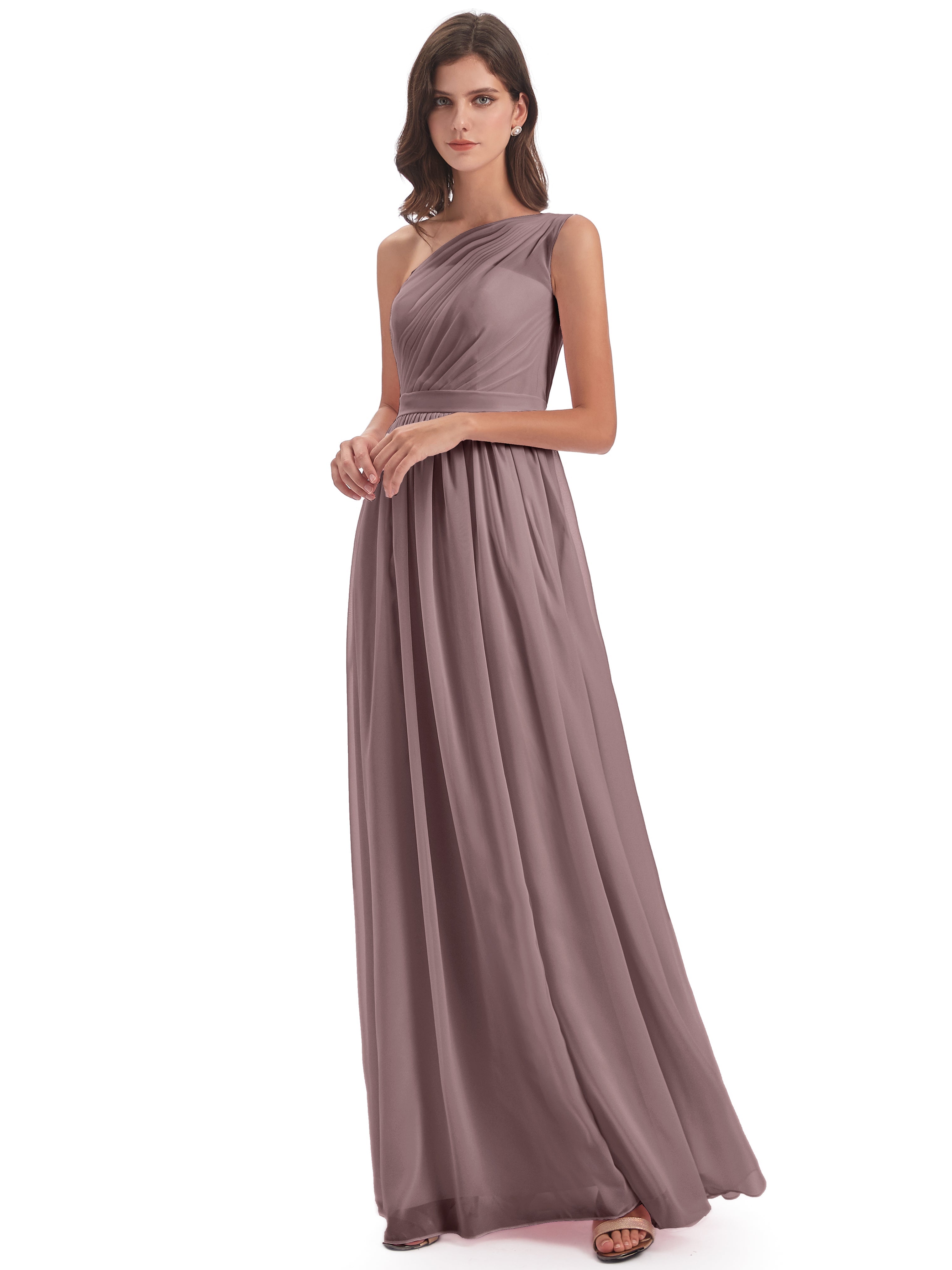 Robes De Demoiselle D'Honneur Mauve Foncé Trapèze Seule-Épaule Mousseline Robes Demoiselle D'Honneur