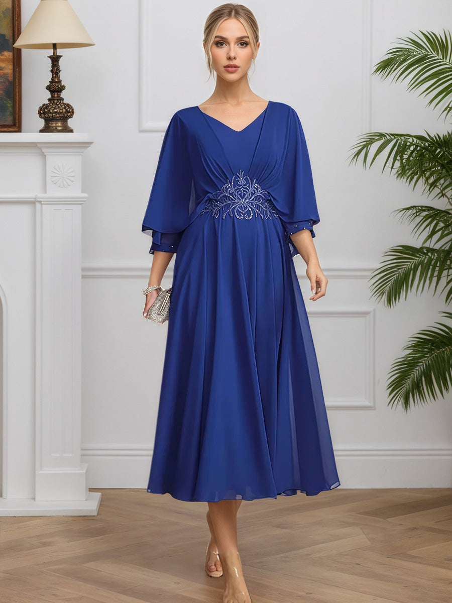 Cicinia Bleu Royal Robe pour Mère de la Mariée Longue en Mousseline et Dentelle A-Line Longueur Midi (Thé)