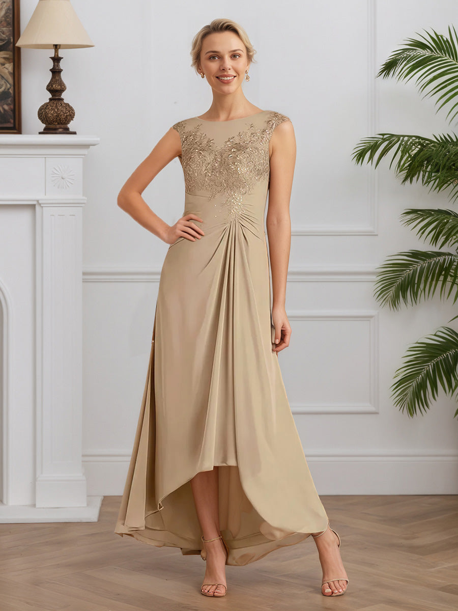 Cicinia Champagne Robe pour Mère de la Mariée Longue Col Rond en Mousseline et Dentelle A-Line Longueur Sol