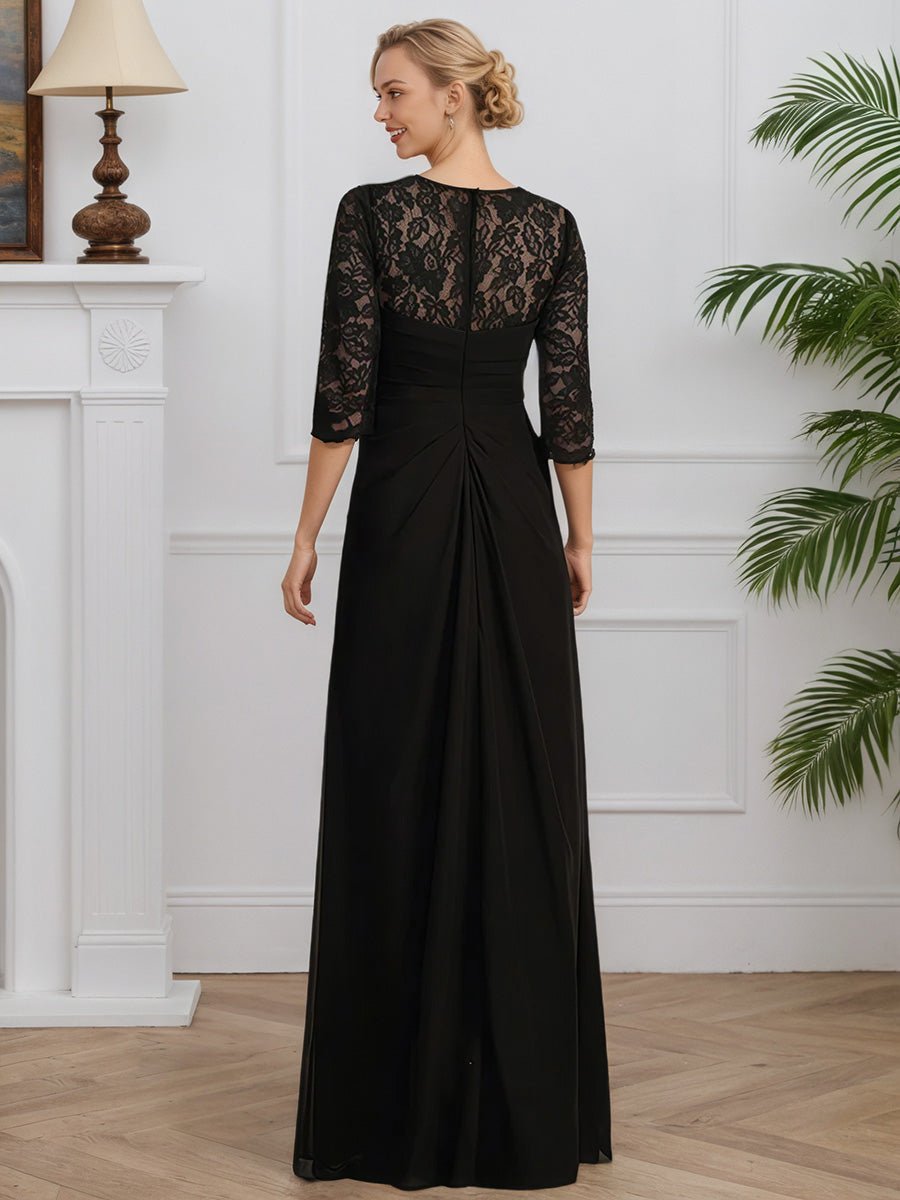Cicinia Noir Robe pour Mère de la Mariée Longue en Mousseline et Dentelle Perlé A-Line Manches Demi-longues