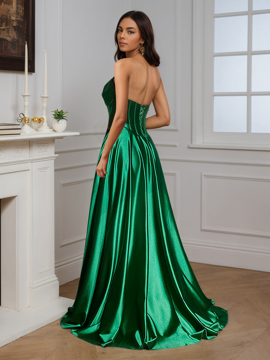 Cicinia Robe de Soirée Rouge Longue en Satin Doux sans Bretelles Fente Épaules Dénudées