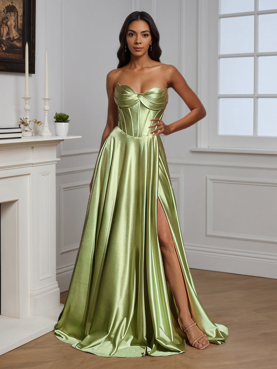 Cicinia Robe de Soirée SAUGE POUDREE Longue en Satin Doux sans Bretelles Fente Épaules Dénudées