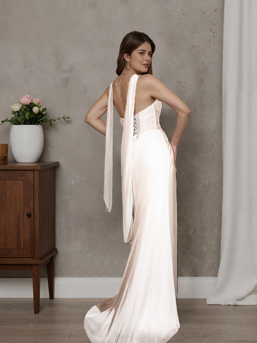 Cicinia Robe de Mariée Longue Mousseline Fourreau sans Bretelles Ivoire Fente Ravissante