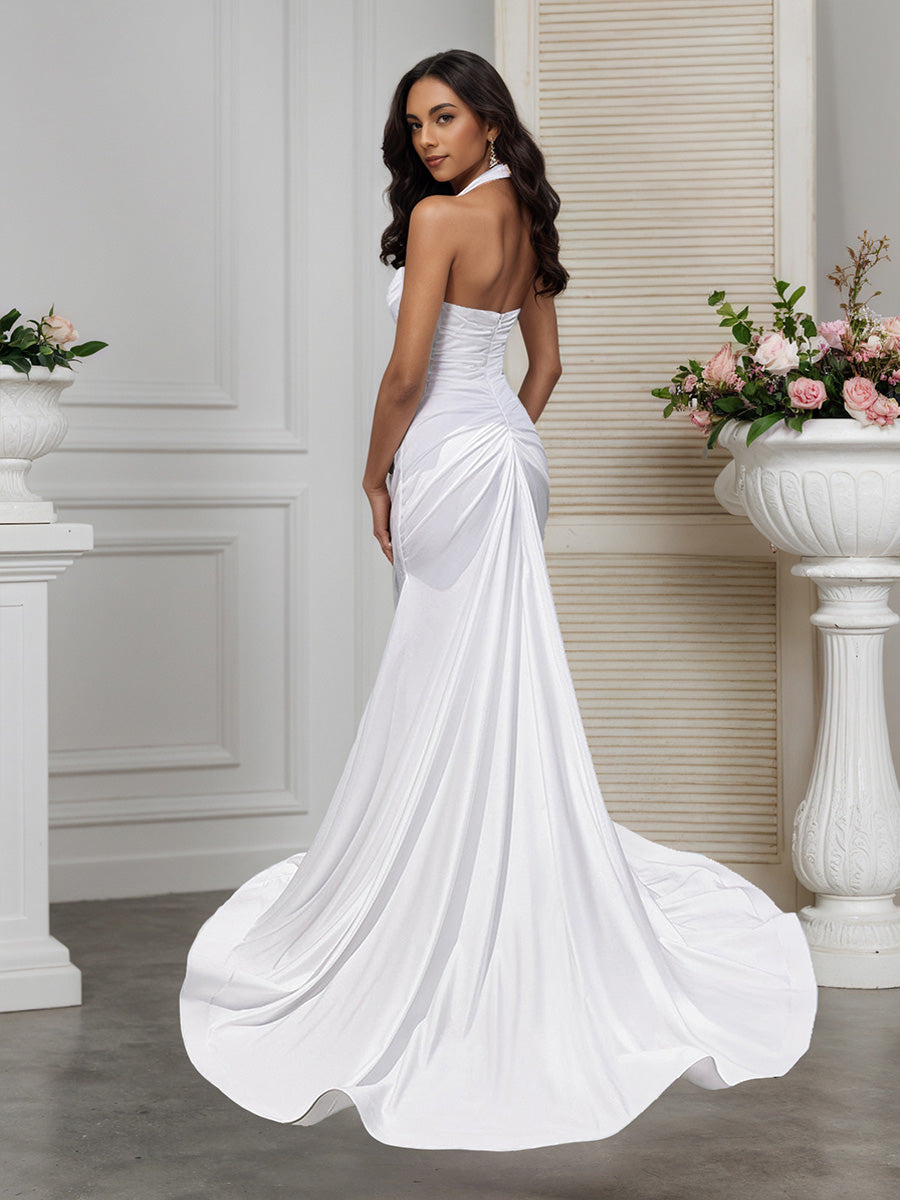 Cicinia Robe de Mariée Sirène Longue Halter Décolleté Cœur ruchée Élégante