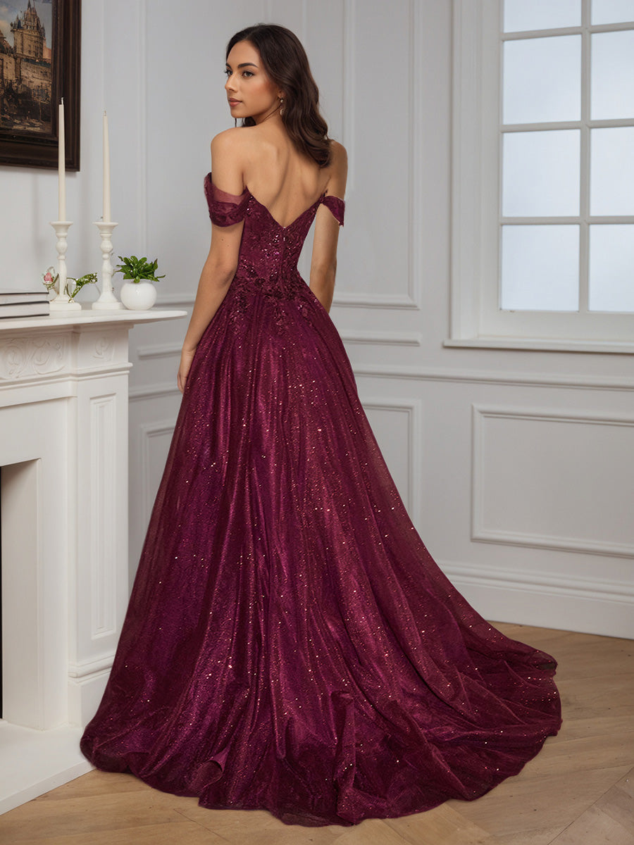 Cicinia Robe de Soirée BORDEAUX A-Line Épaules Dénudées Appliqués avec Fente Spectaculaire