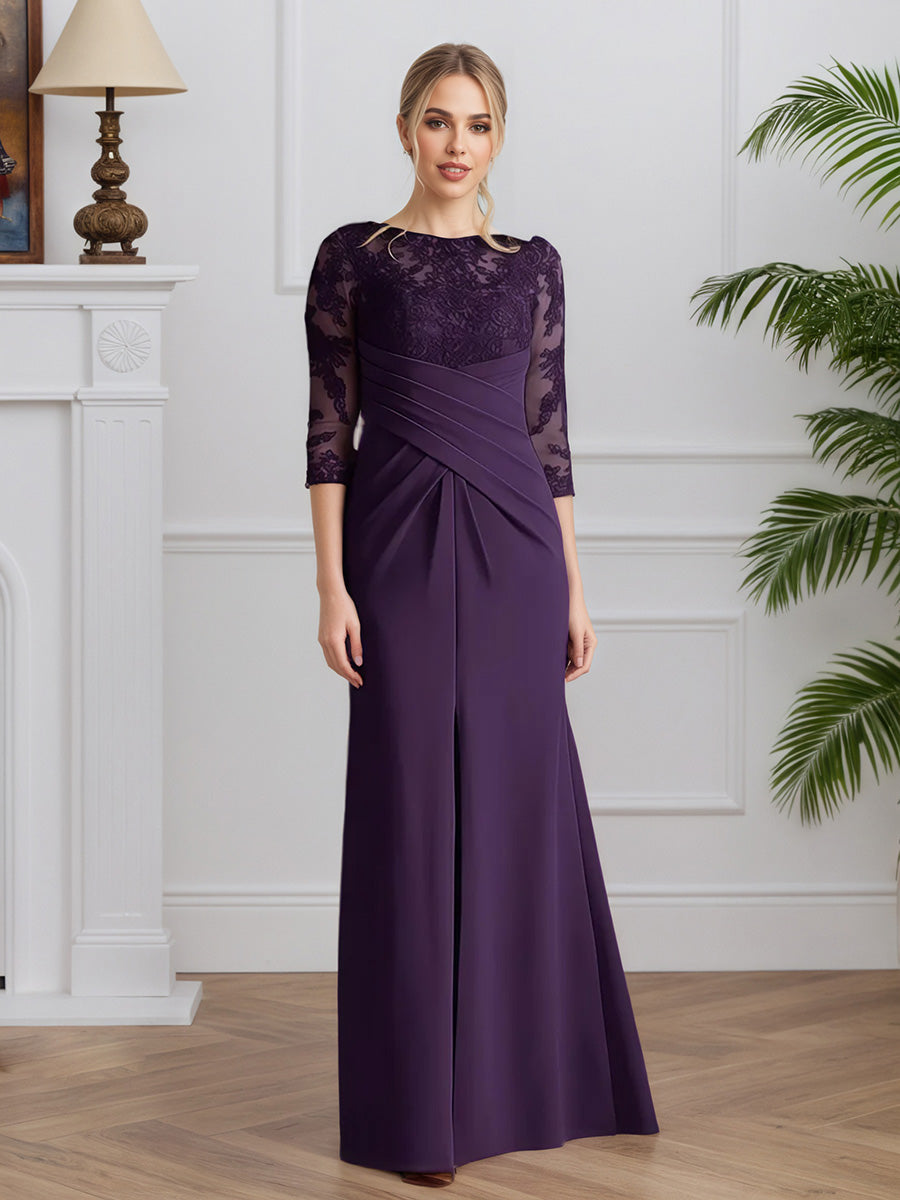 Cicinia Raisin Robe pour Mère du Marié Longue en Mousseline et Dentelle Fourreau Manches Trois-Quarts