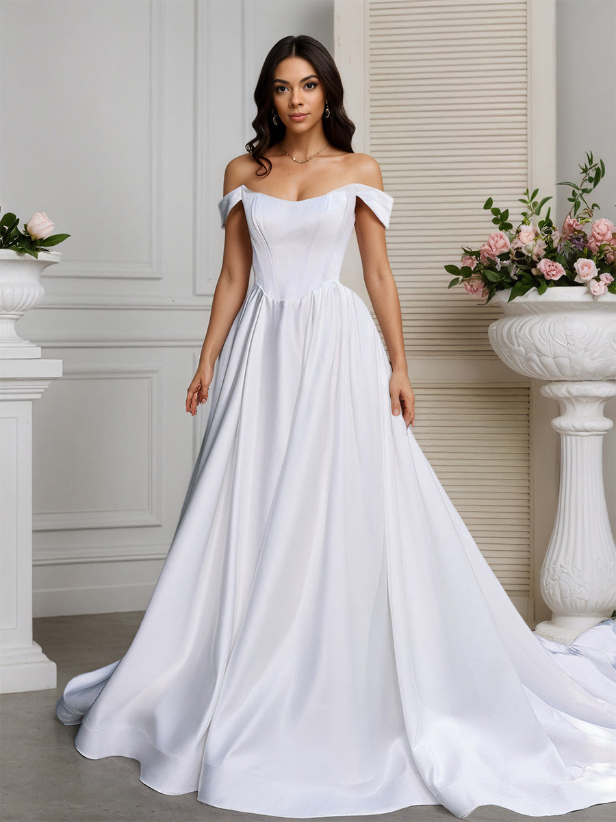 Cicinia Robe de Mariée A-Line en Satin Épaules Dénudées Traîne Balayée Élégante