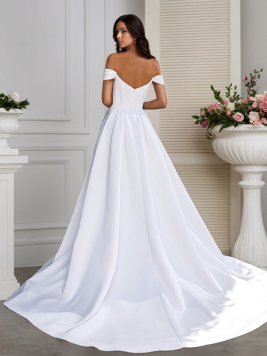 Cicinia Robe de Mariée A-Line en Satin Épaules Dénudées Traîne Balayée Élégante