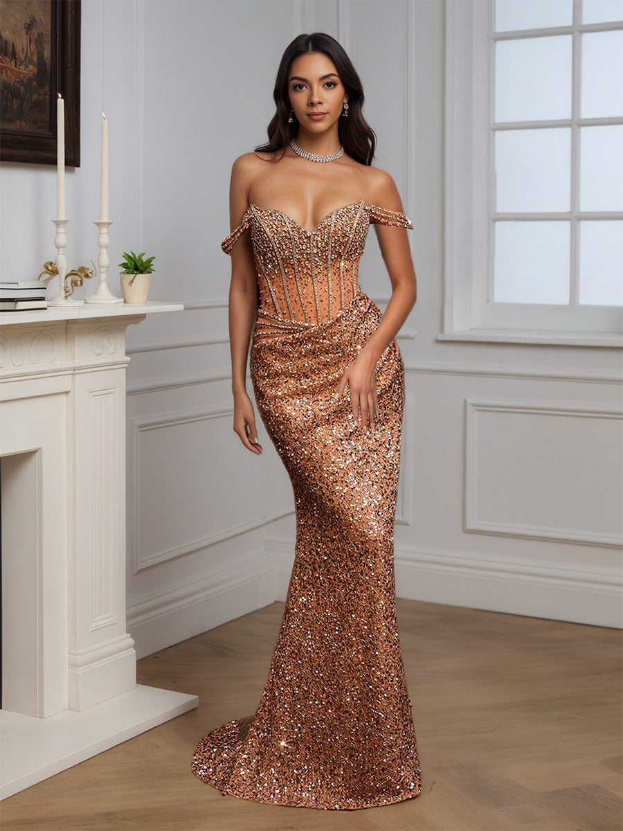 Cicinia Robe de Soirée Or Longue Fourreau à Paillettes Perlé Épaules Dénudées Sans Manches