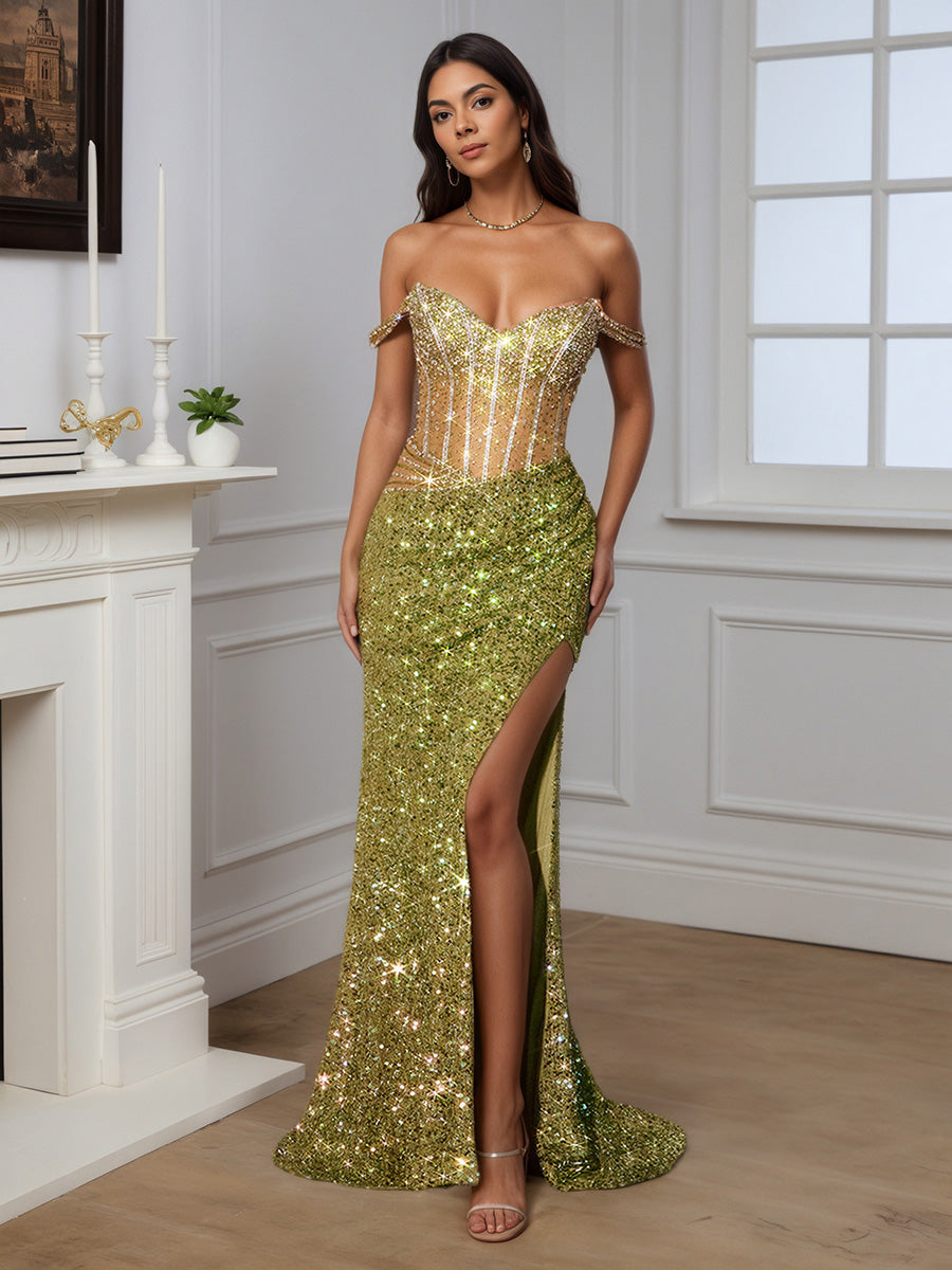 Cicinia Robe de Soirée Sauge Longue Fourreau à Paillettes Perlé Épaules Dénudées Sans Manches