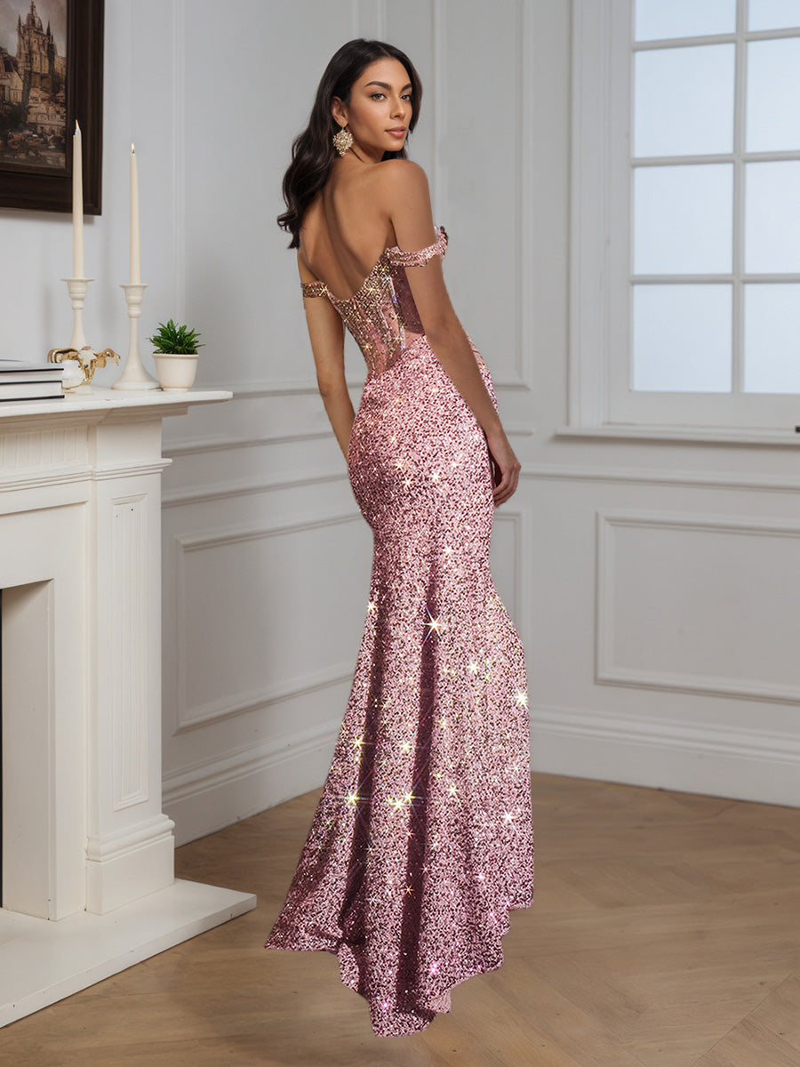 Cicinia Robe de Soirée Or Longue Fourreau à Paillettes Perlé Épaules Dénudées Sans Manches
