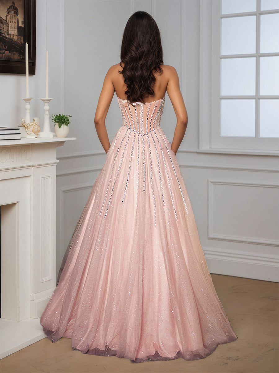 Cicinia Robe de Soirée Rose Longue A-Line sans Bretelles Perlé Longueur Sol Magnifique