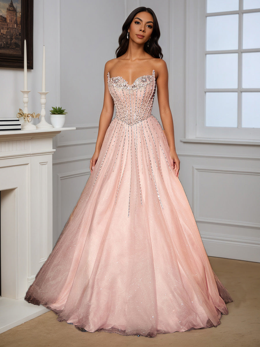 Cicinia Robe de Soirée Rose Longue A-Line sans Bretelles Perlé Longueur Sol Magnifique