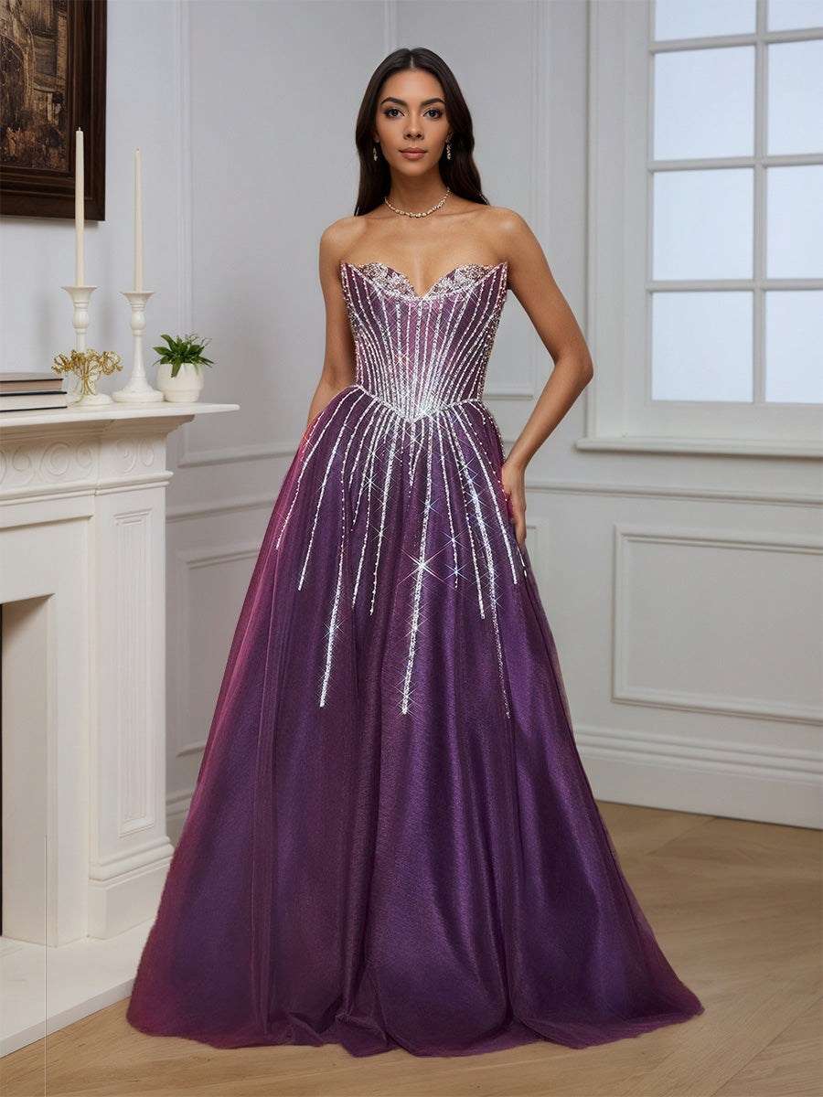 Cicinia Robe de Soirée Raisin Longue A-Line sans Bretelles Perlé Longueur Sol Magnifique