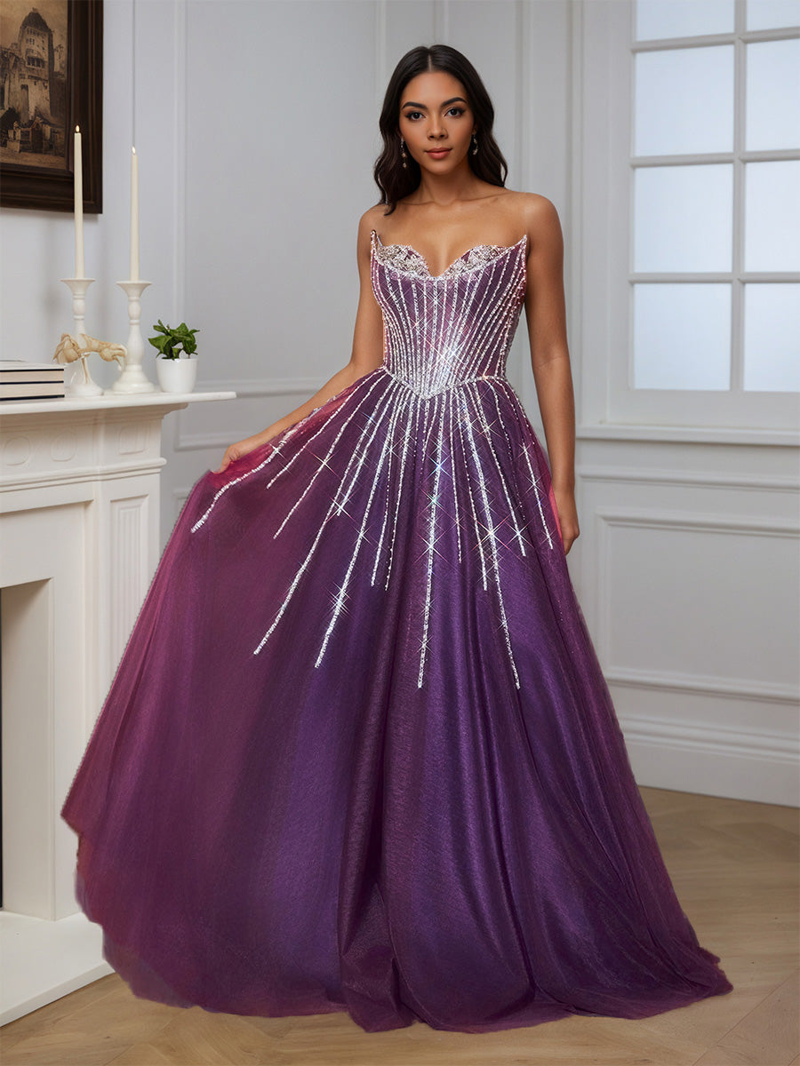 Cicinia Robe de Soirée Raisin Longue A-Line sans Bretelles Perlé Longueur Sol Magnifique