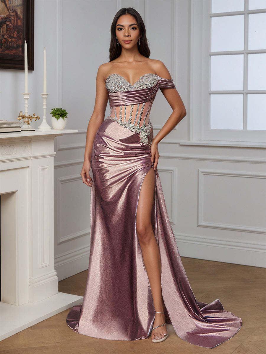Cicinia Robe de Soirée de Gala VINTAGE MAUVE Longue Fourreau Perlé Fente Traîne Balayée