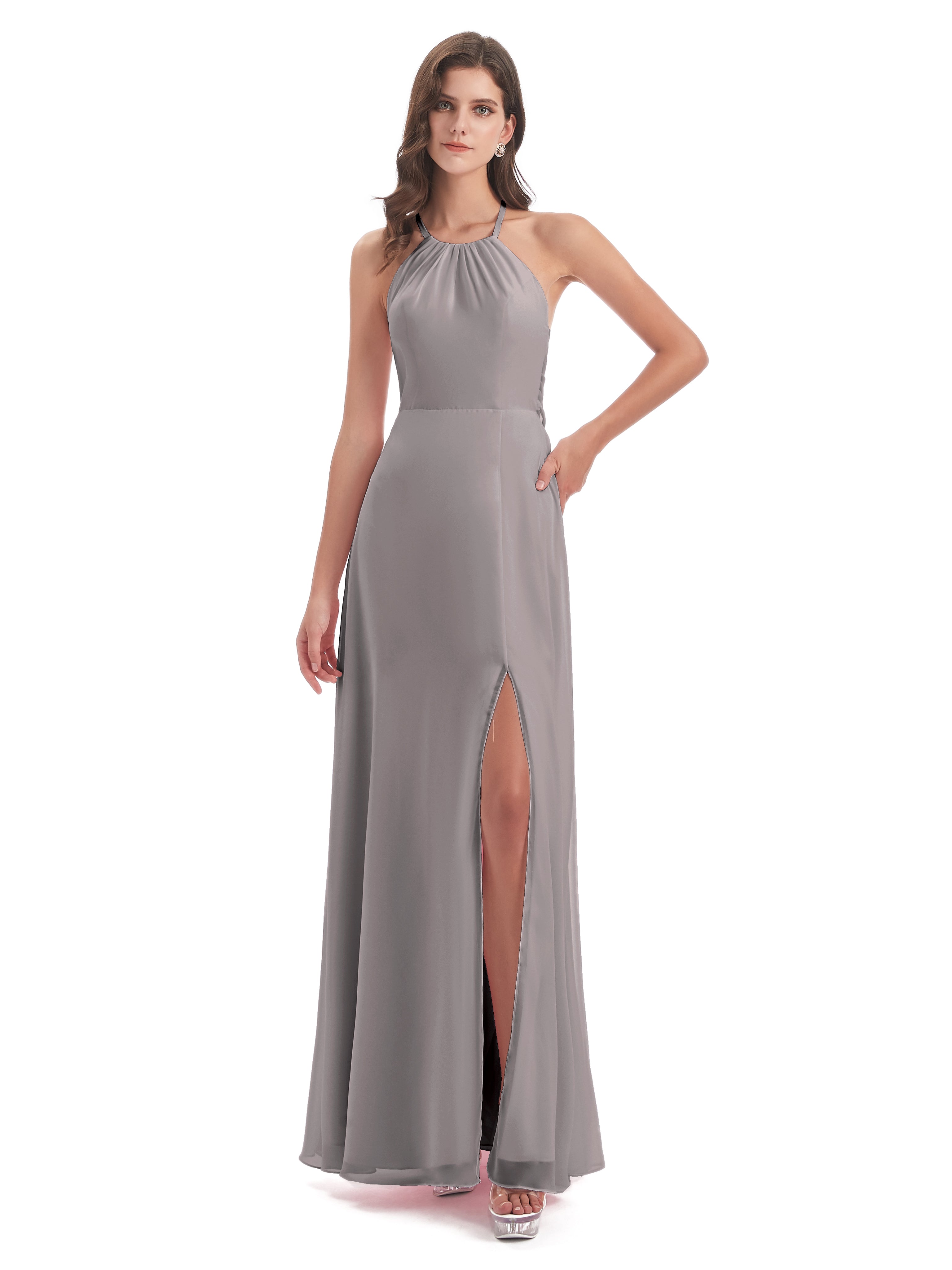 Robes De Demoiselle D'Honneur En Argent Dos Nu Licou Fendue Robes Demoiselle D'Honneur