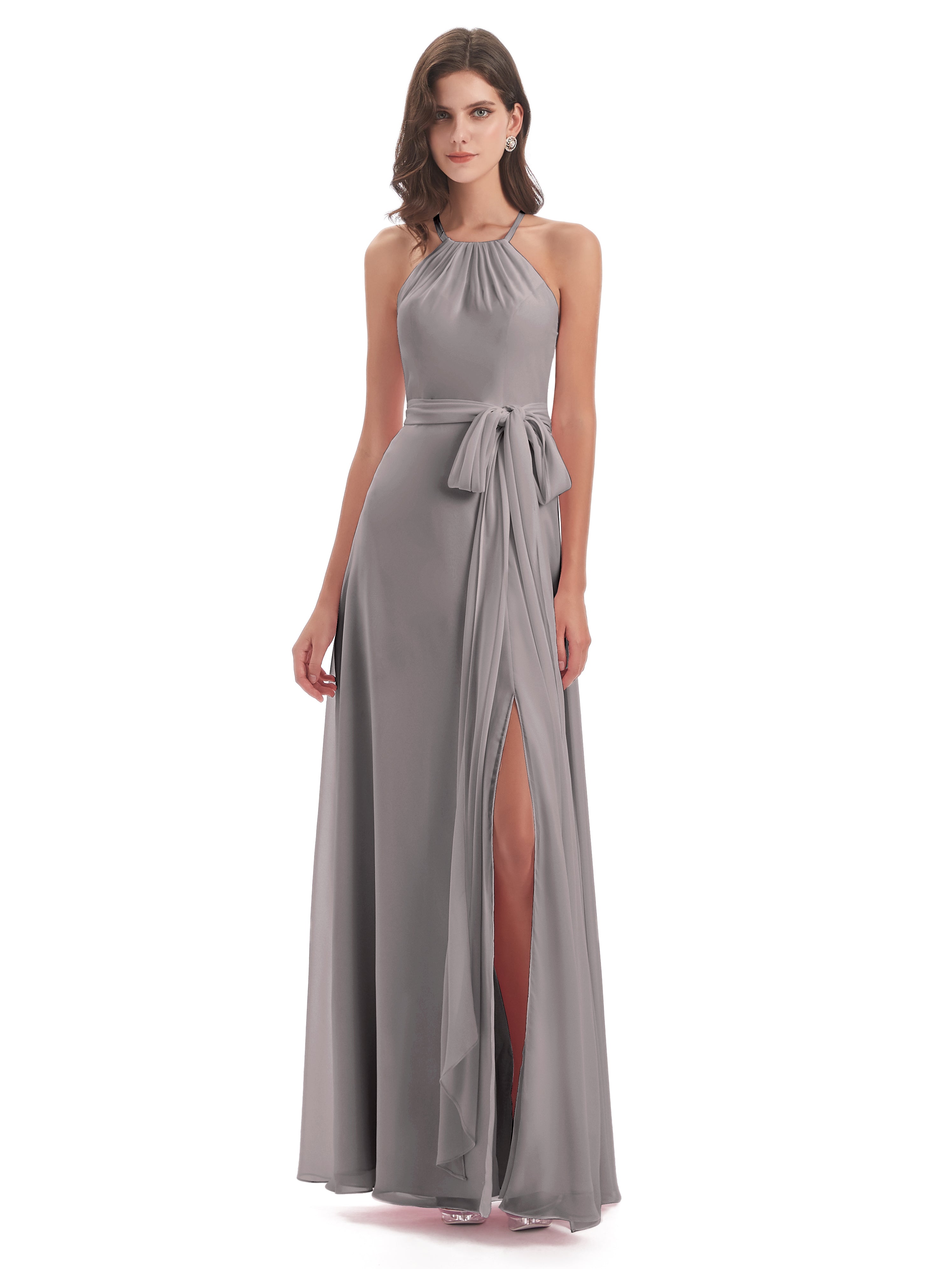 Robes De Demoiselle D'Honneur En Argent Dos Nu Licou Fendue Robes Demoiselle D'Honneur