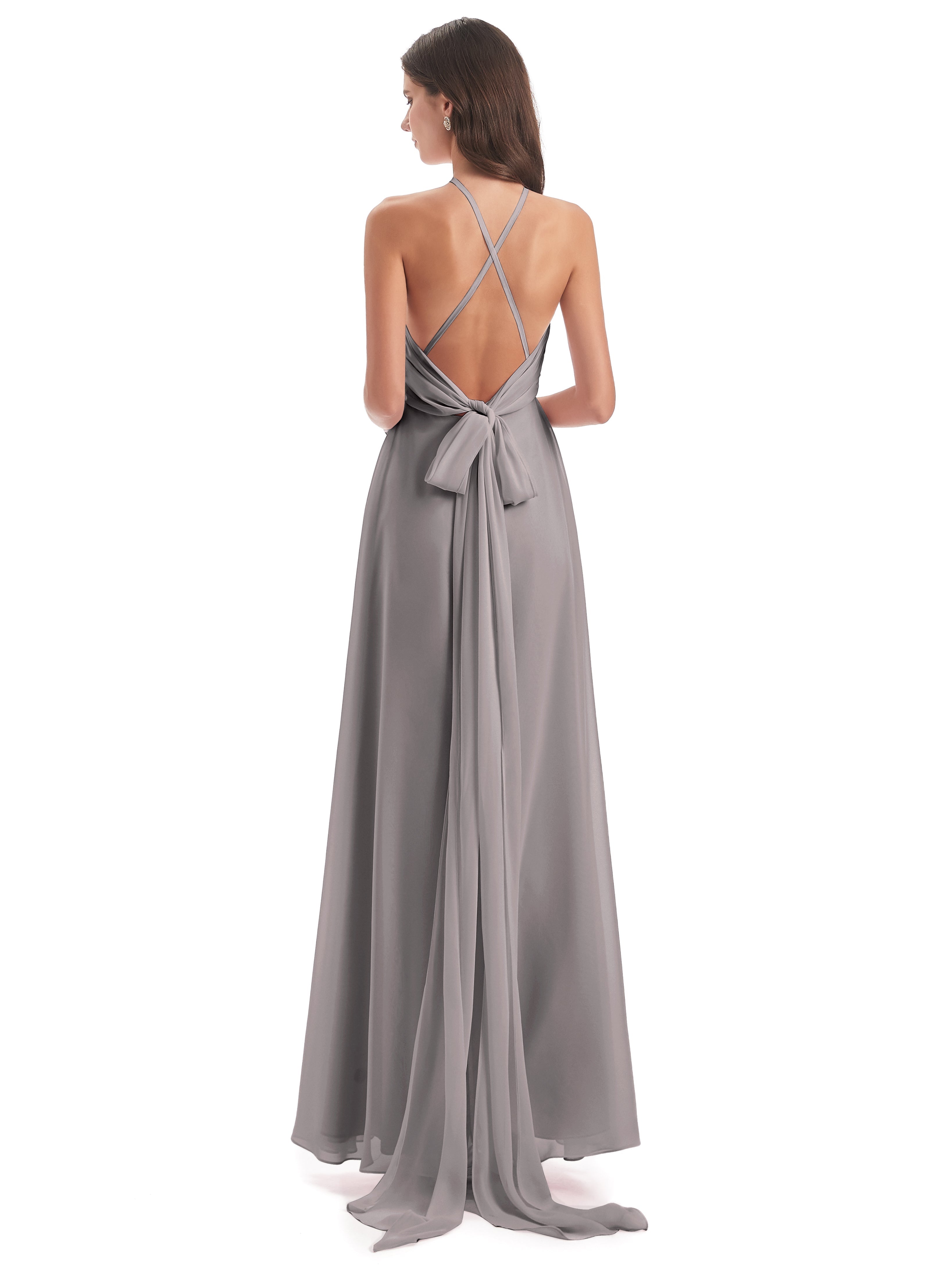 Robes De Demoiselle D'Honneur En Argent Dos Nu Licou Fendue Robes Demoiselle D'Honneur
