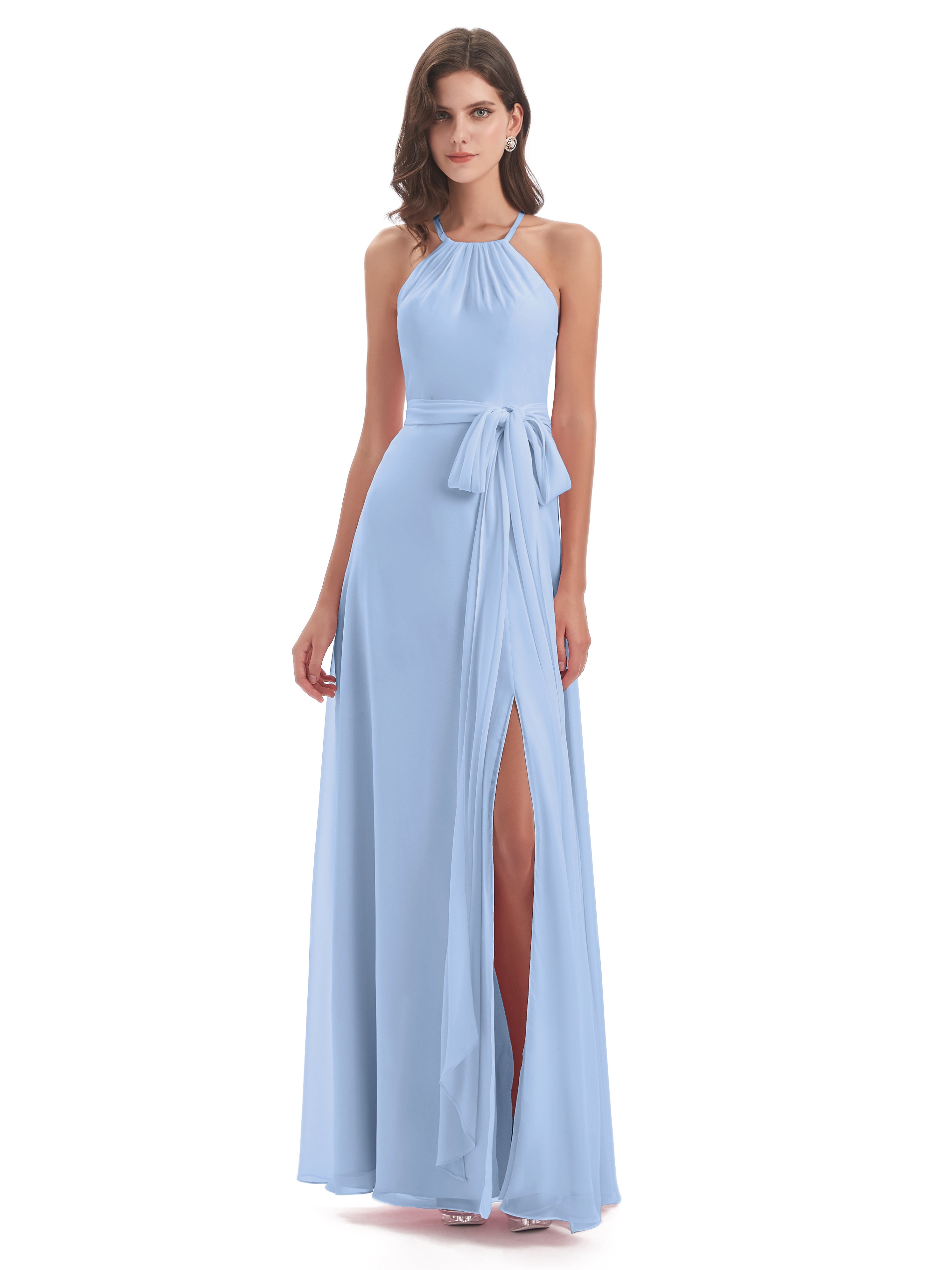 Demoiselle D Honneur Bleu Ciel Dos Nu Licou Fendue Robes Demoiselle D'Honneur