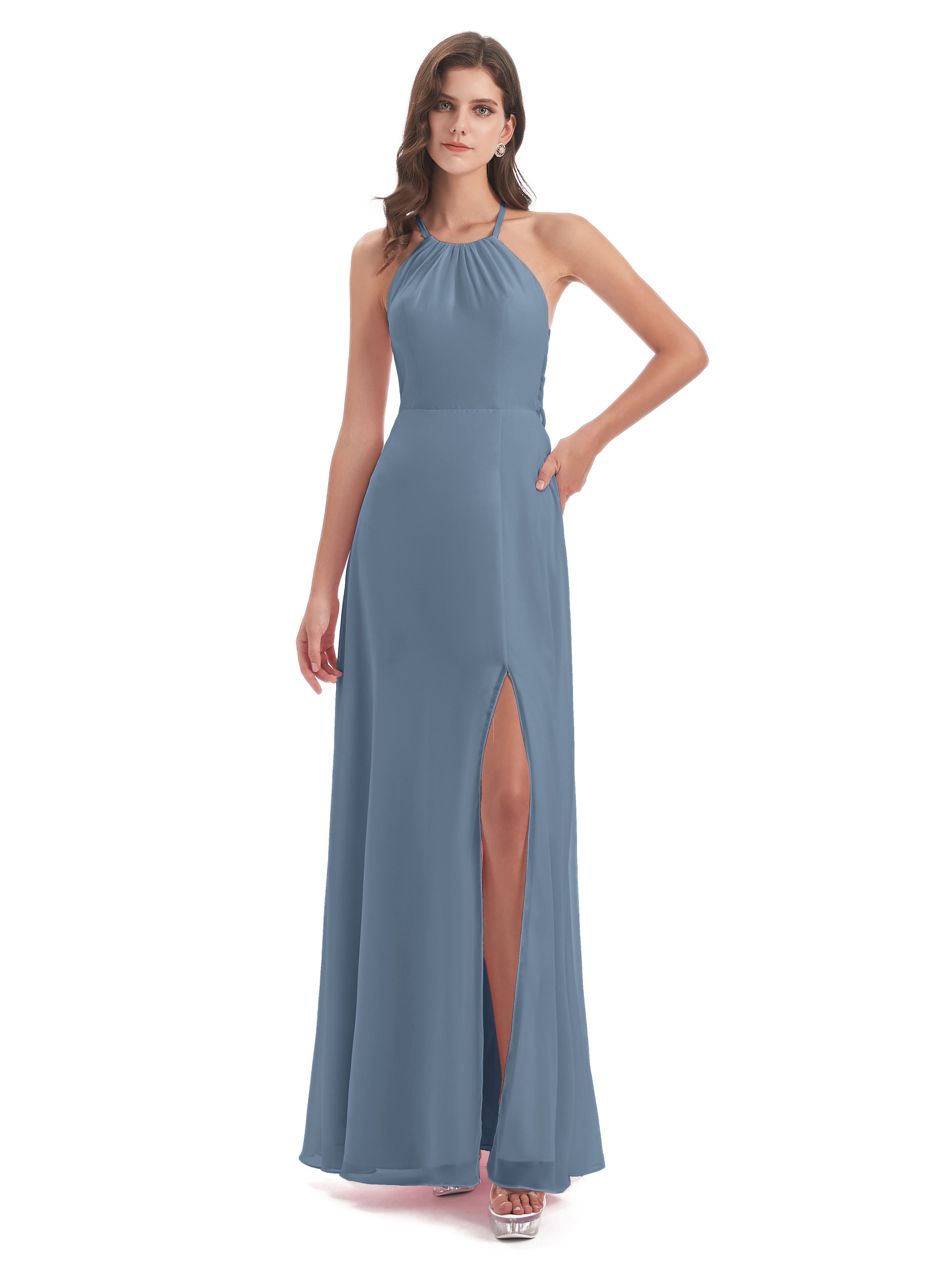 Robes De Demoiselle D'Honneur Bleu De Schiste Dos Nu Licou Fendue Robes Demoiselle D'Honneur