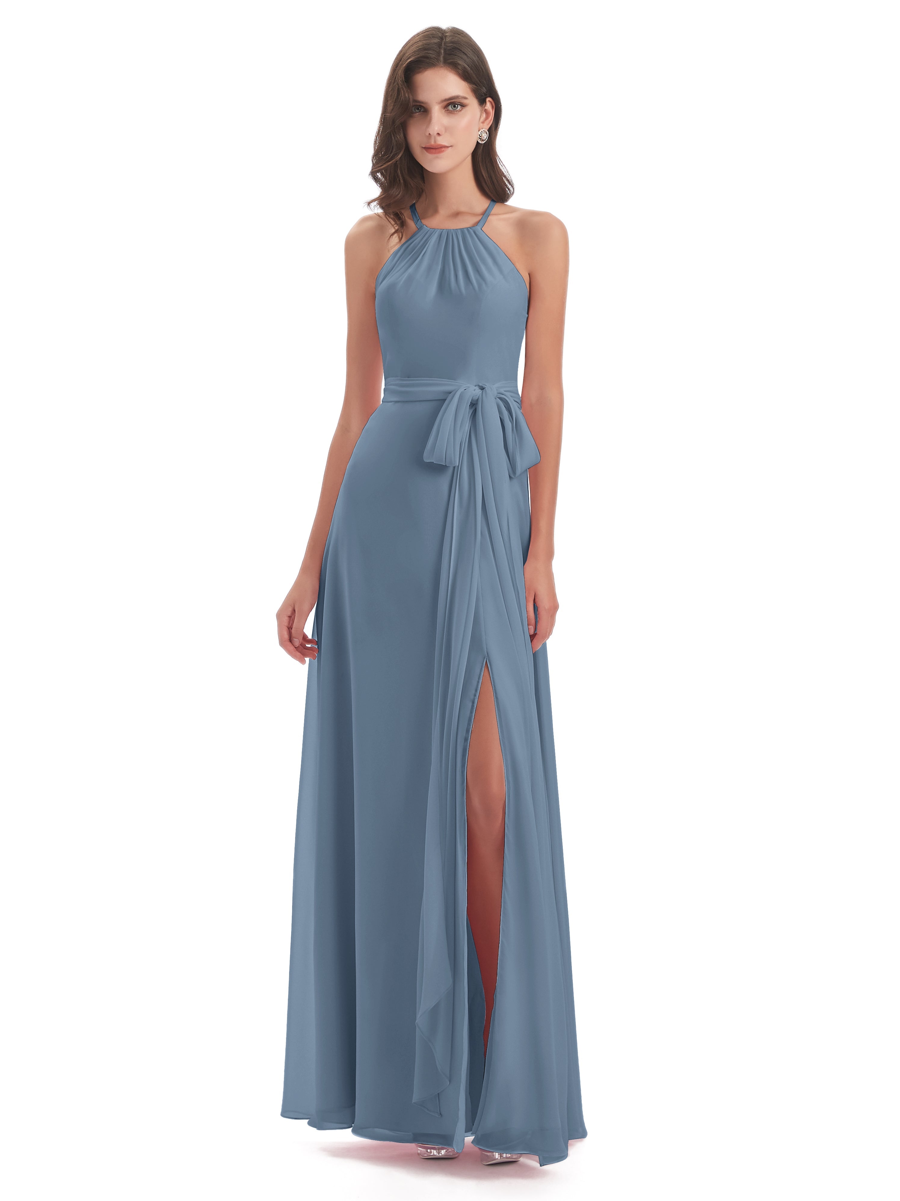 Robes De Demoiselle D'Honneur Bleu De Schiste Dos Nu Licou Fendue Robes Demoiselle D'Honneur
