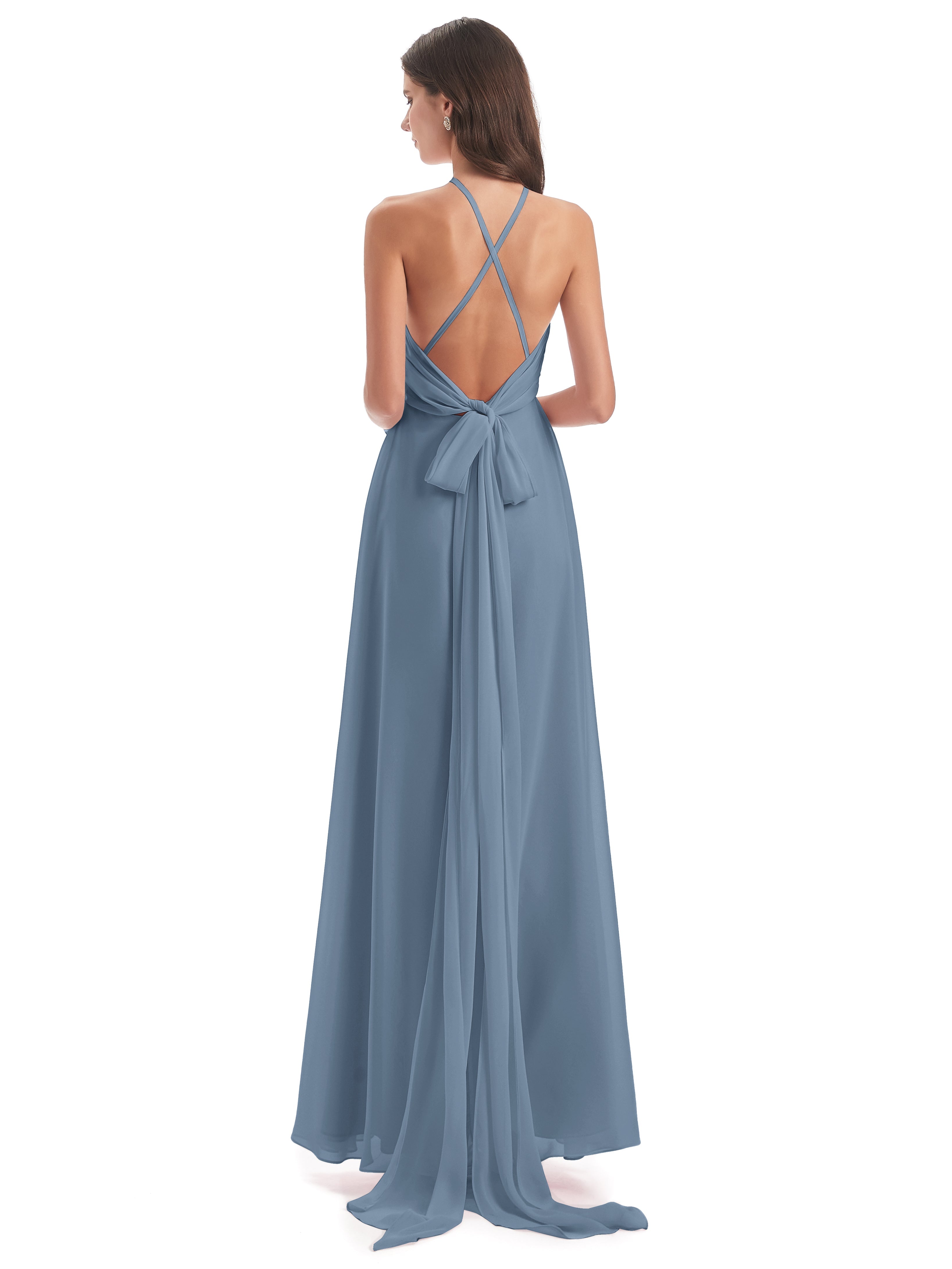 Robes De Demoiselle D'Honneur Bleu De Schiste Dos Nu Licou Fendue Robes Demoiselle D'Honneur