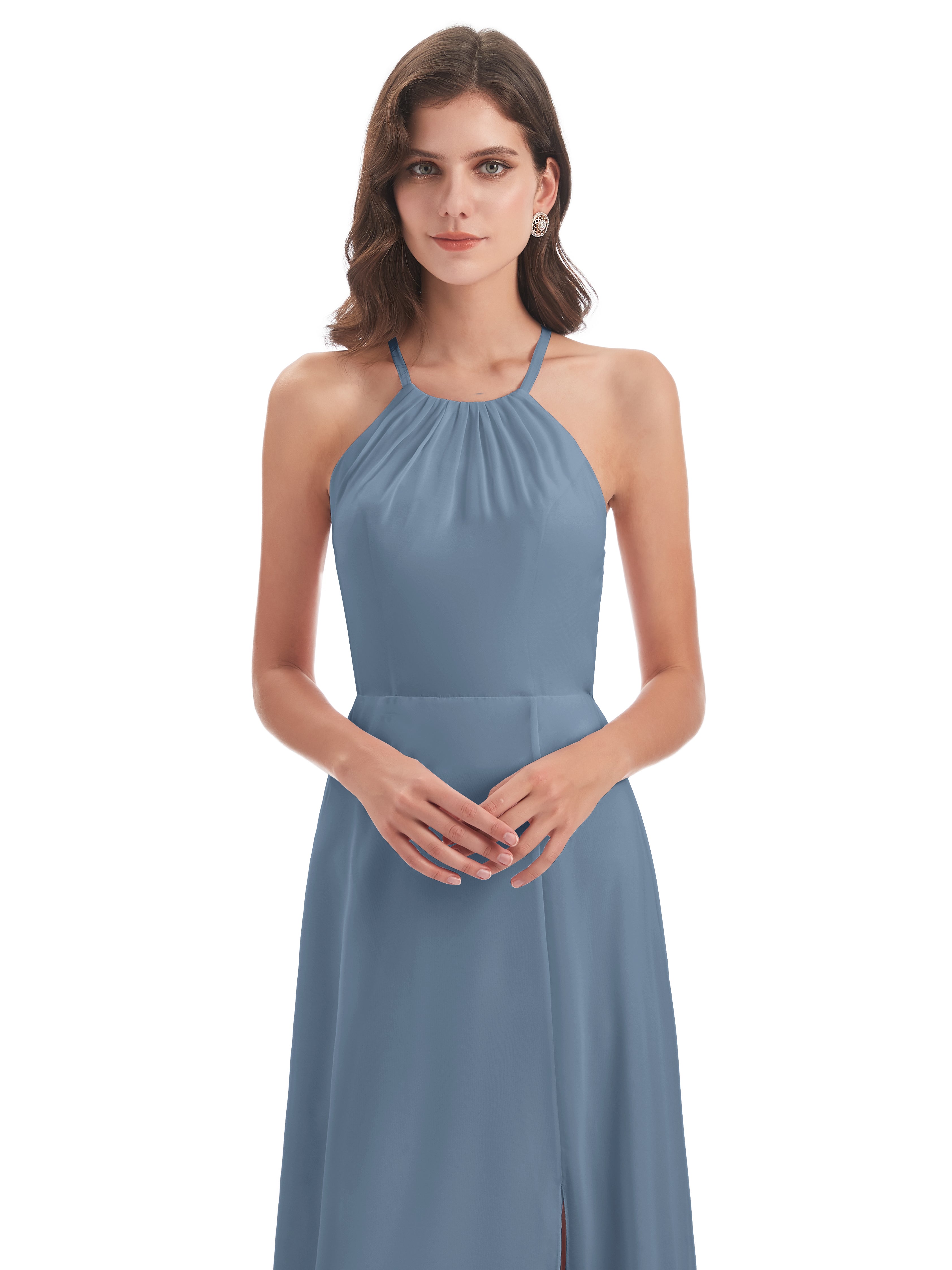 Robes De Demoiselle D'Honneur Bleu De Schiste Dos Nu Licou Fendue Robes Demoiselle D'Honneur