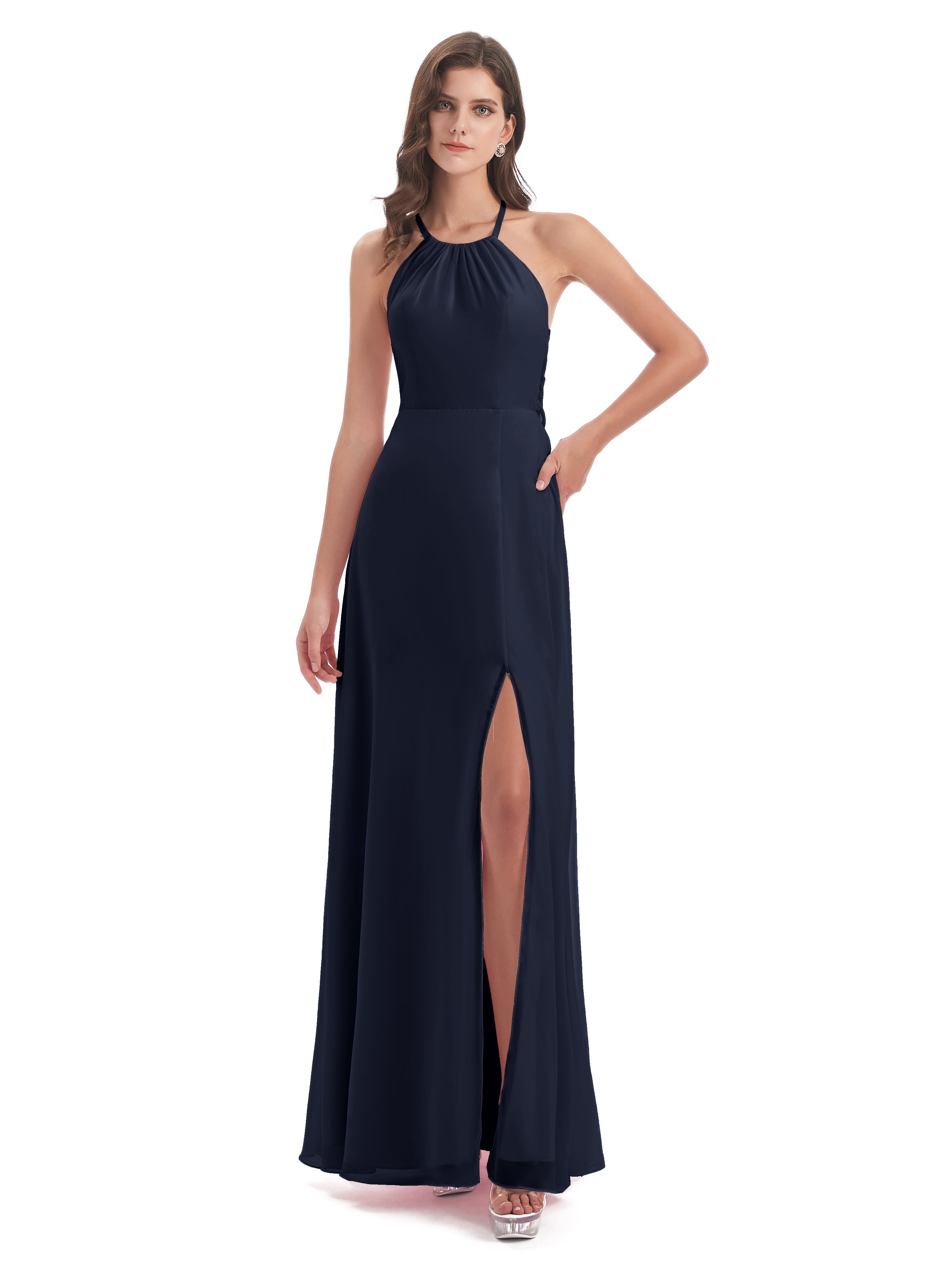 Robe Demoiselle D Honneur Bleu Marine Longue Dos Nu Licou Fendue Robes Demoiselle D'Honneur