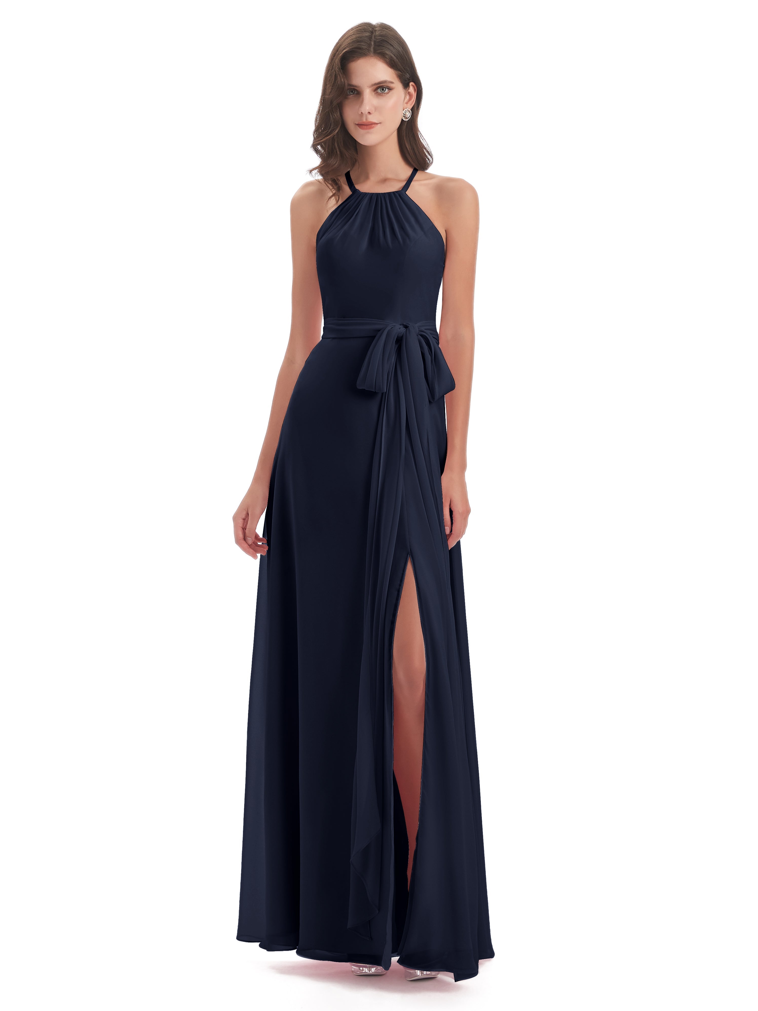 Robe Demoiselle D Honneur Bleu Marine Longue Dos Nu Licou Fendue Robes Demoiselle D'Honneur