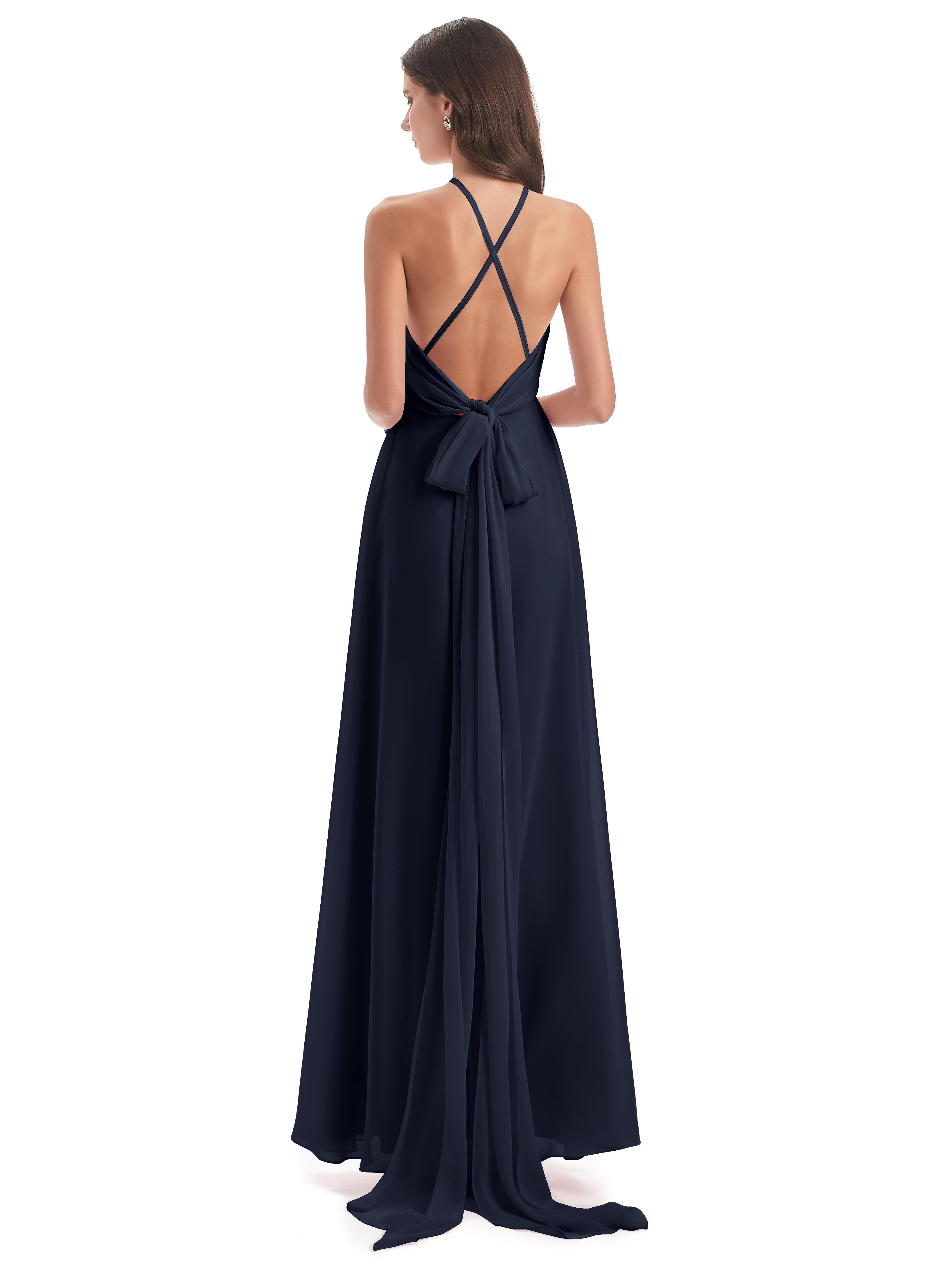 Robe Demoiselle D Honneur Bleu Marine Longue Dos Nu Licou Fendue Robes Demoiselle D'Honneur