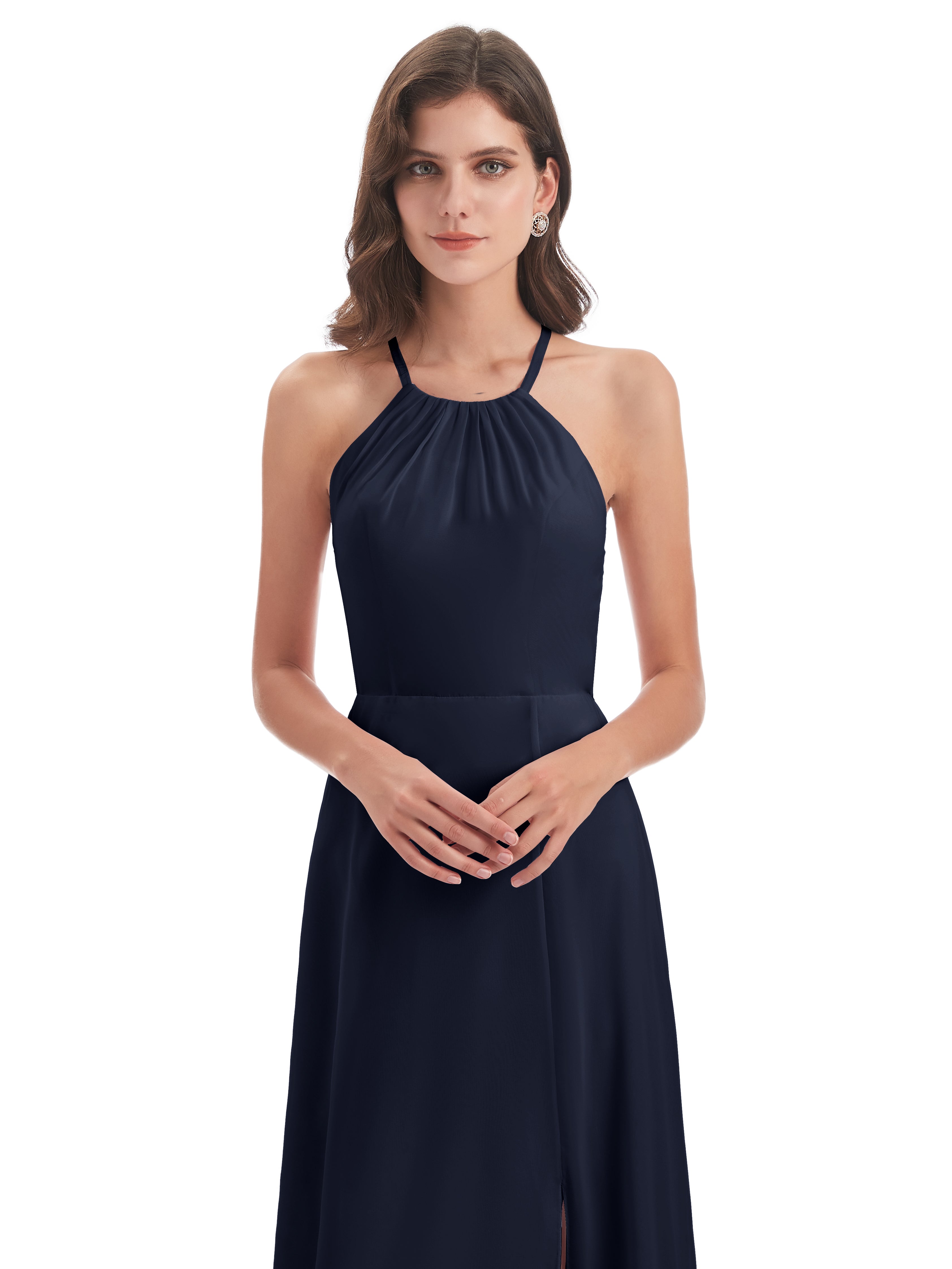 Robe Demoiselle D Honneur Bleu Marine Longue Dos Nu Licou Fendue Robes Demoiselle D'Honneur