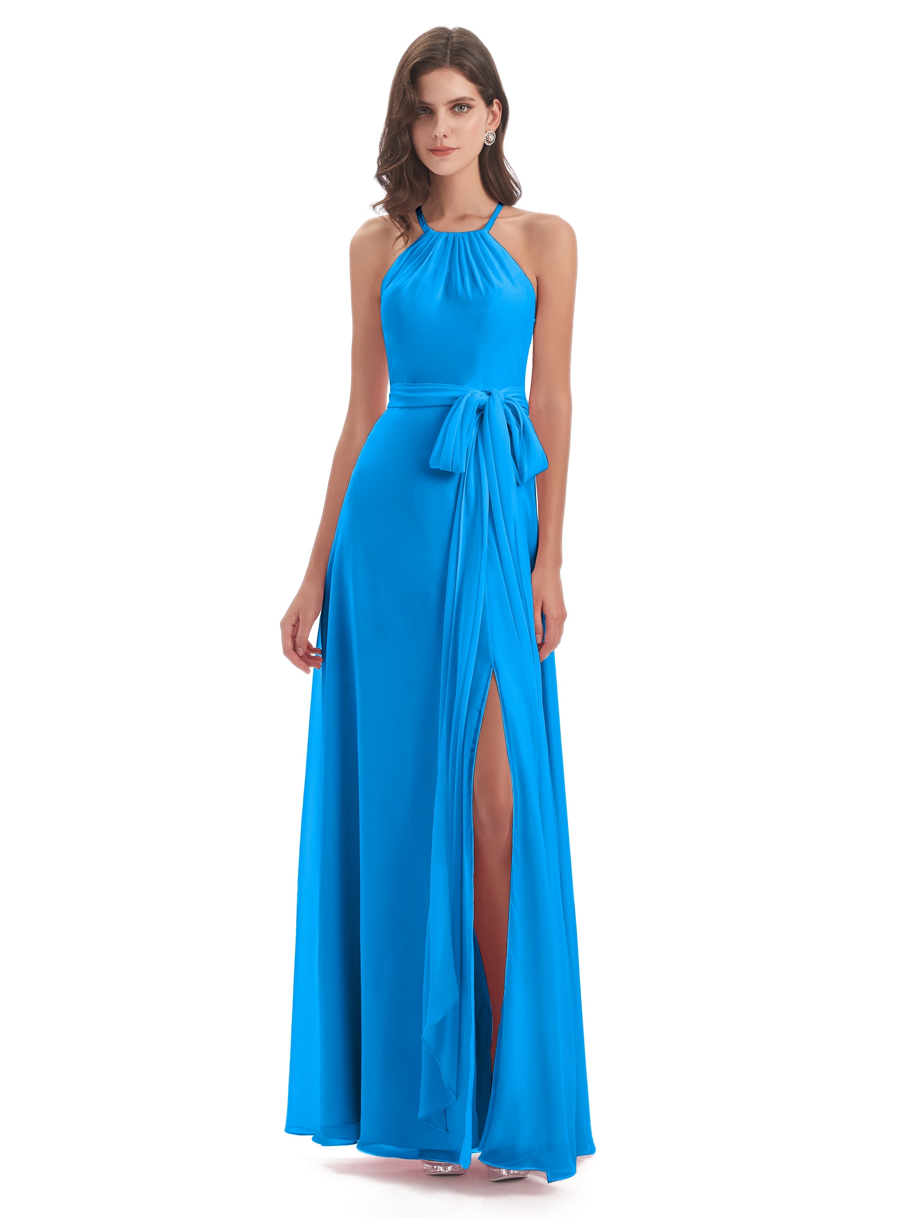 Robes De Demoiselle D'Honneur Bleu Océan Dos Nu Licou Fendue Robes Demoiselle D'Honneur