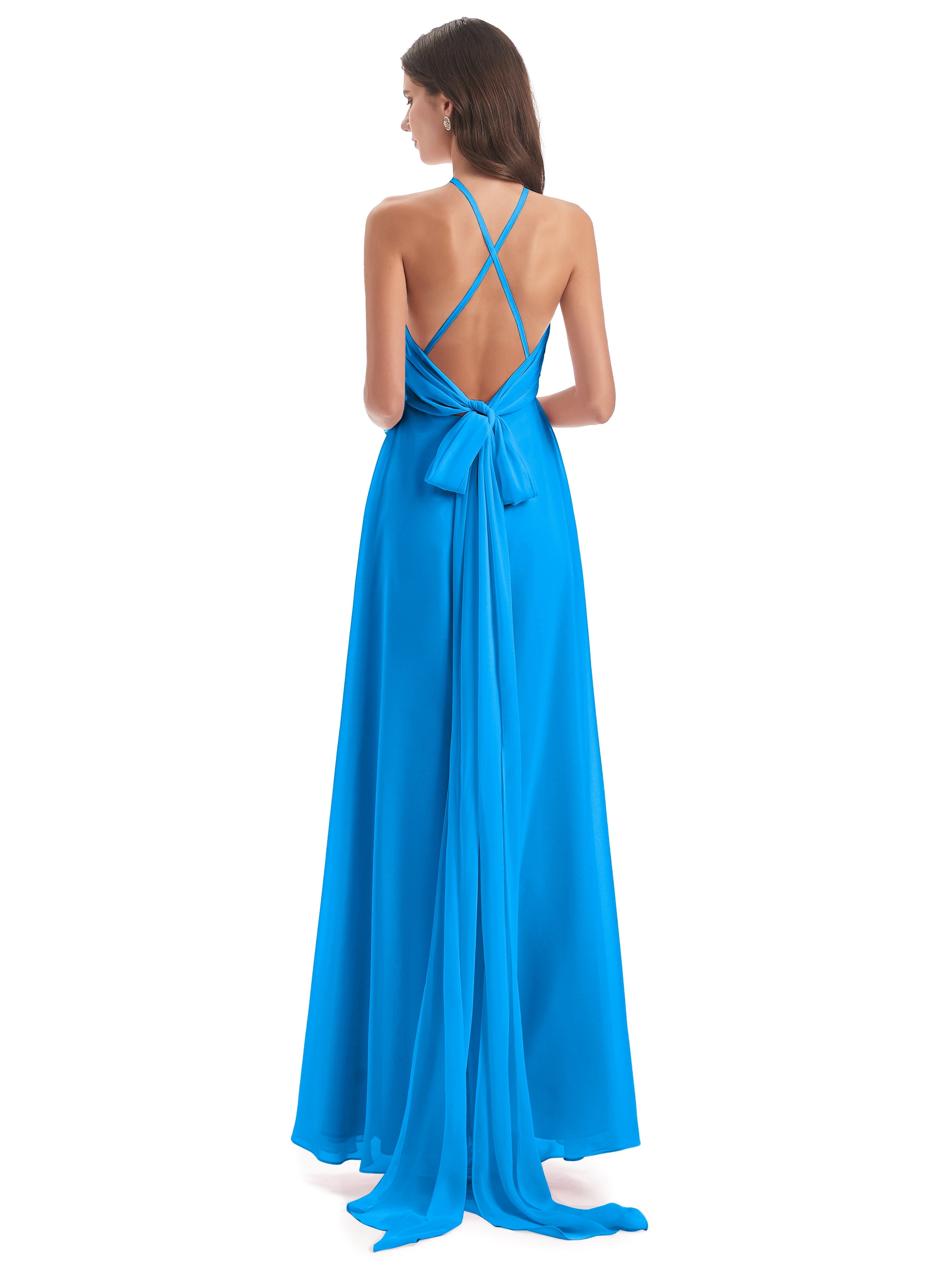 Robes De Demoiselle D'Honneur Bleu Océan Dos Nu Licou Fendue Robes Demoiselle D'Honneur