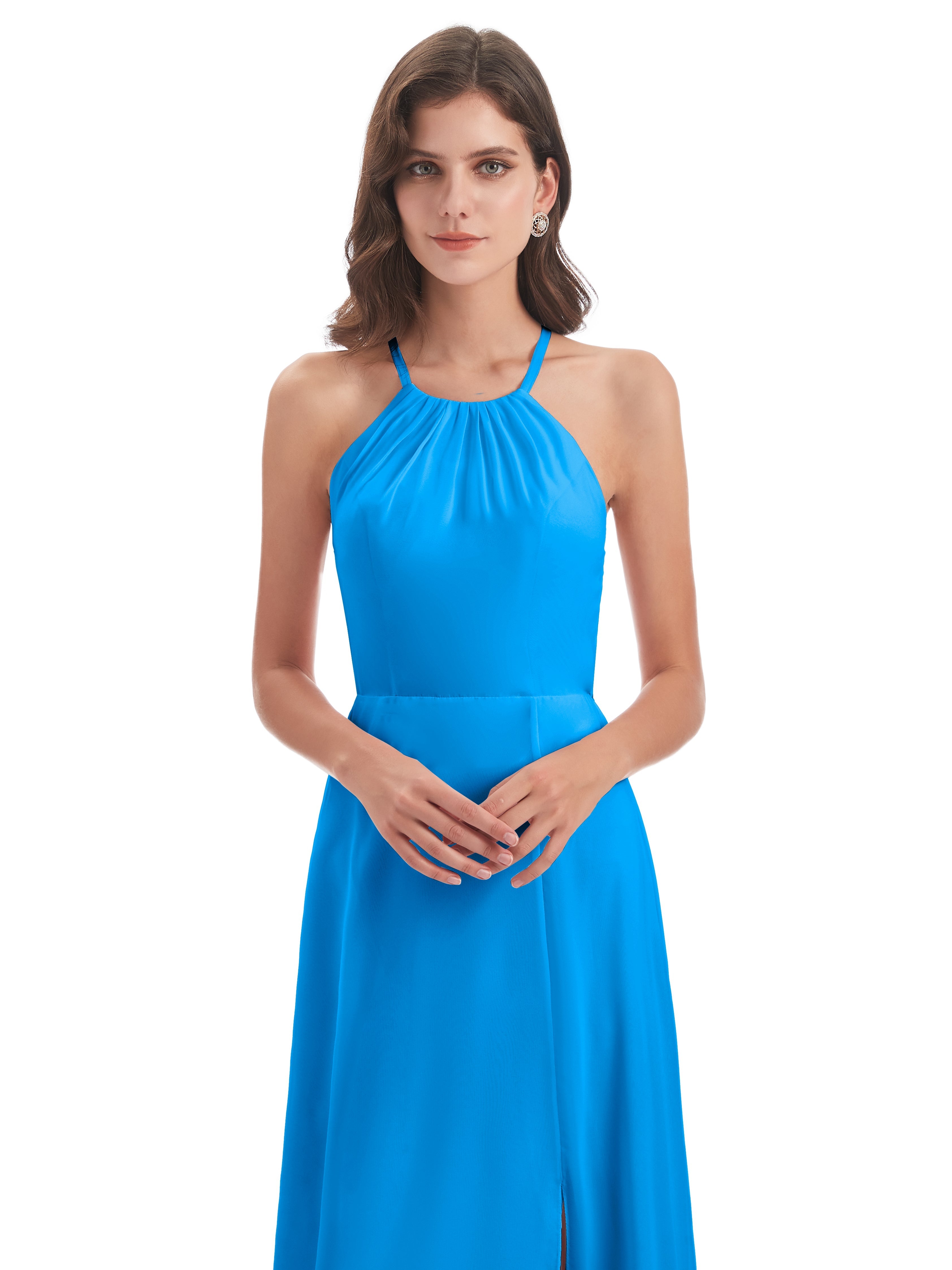 Robes De Demoiselle D'Honneur Bleu Océan Dos Nu Licou Fendue Robes Demoiselle D'Honneur
