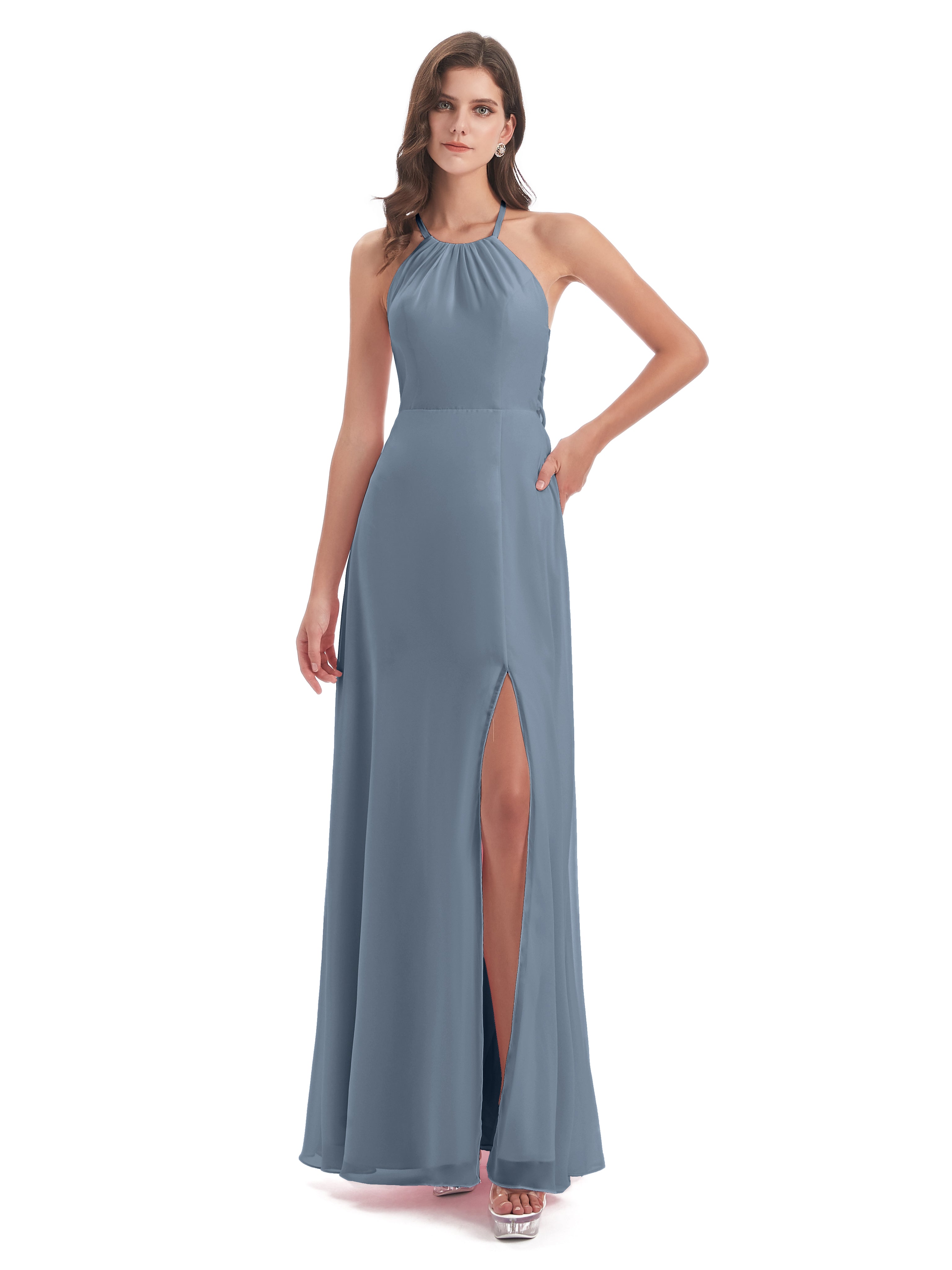 Robe Demoiselle D Honneur Bleu Poussiereux Dos Nu Licou Fendue Robes Demoiselle D'Honneur